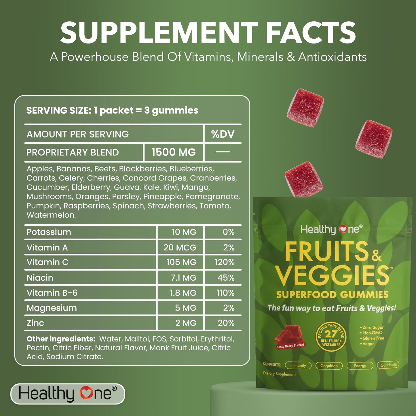 Healthy One Fruits & Veggies 27-in-1 Superfood Gummy Formula GLP1 Support, 28 Servings