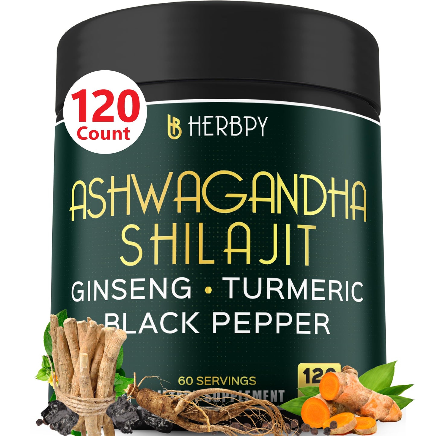 Herbpy 5in1 Ashwagandha Extra Strength with Shilajit for Stamina, Energy & Relaxation Support - Plus Ginseng, Turmeric Root & Black Pepper Capsules, 120 Count