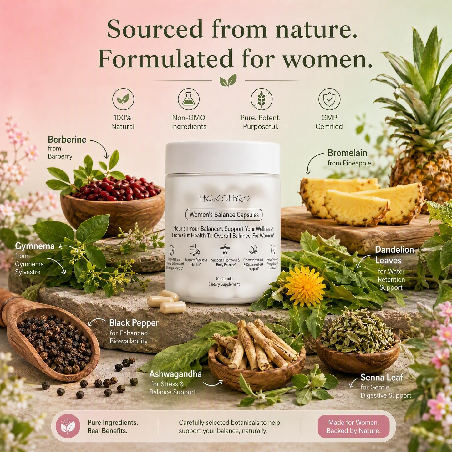 HGKCHQO Women’s Gut Health Capsules with Berberine, Bromelain & Ashwagandha – Digestive Support, Vegan, Non-GMO, 90 Capsules