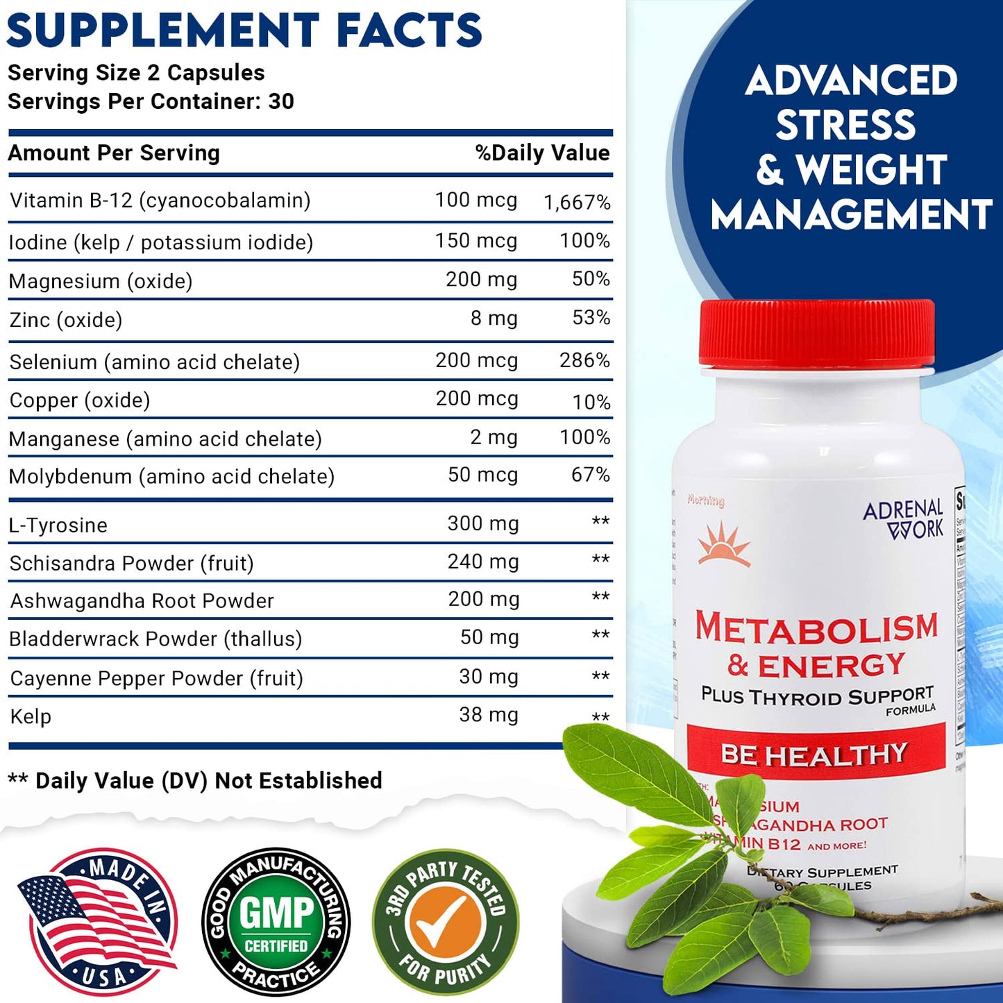 Adrenalwork Adrenal Support Supplement Organic Ashwagandha Capsules for Stress Relief, Calm Energy & Focus - Adaptogen Blend with Rhodiola & Holy Basil - Men & Women - 60 Capsules