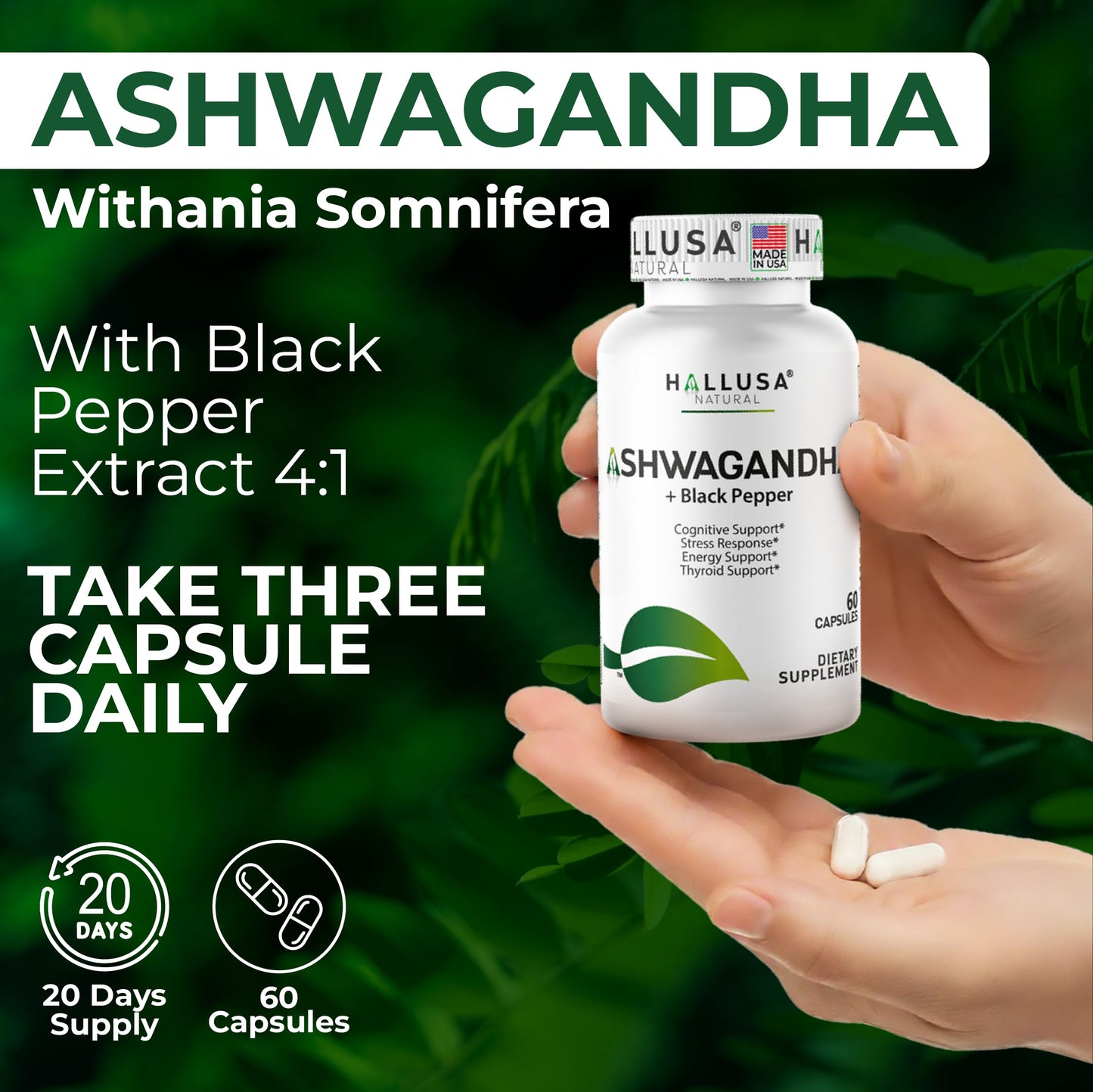 Hallusa Natural Organic Ashwagandha with Black Pepper 1050 mg, 60 Capsules