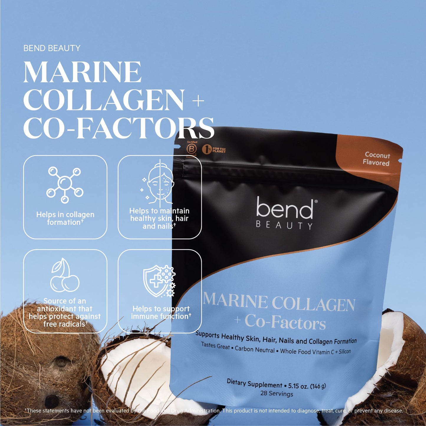 Bend Marine Collagen + Co-Factors Coconut Flavored Collagen Powder, 5.15 Ounce