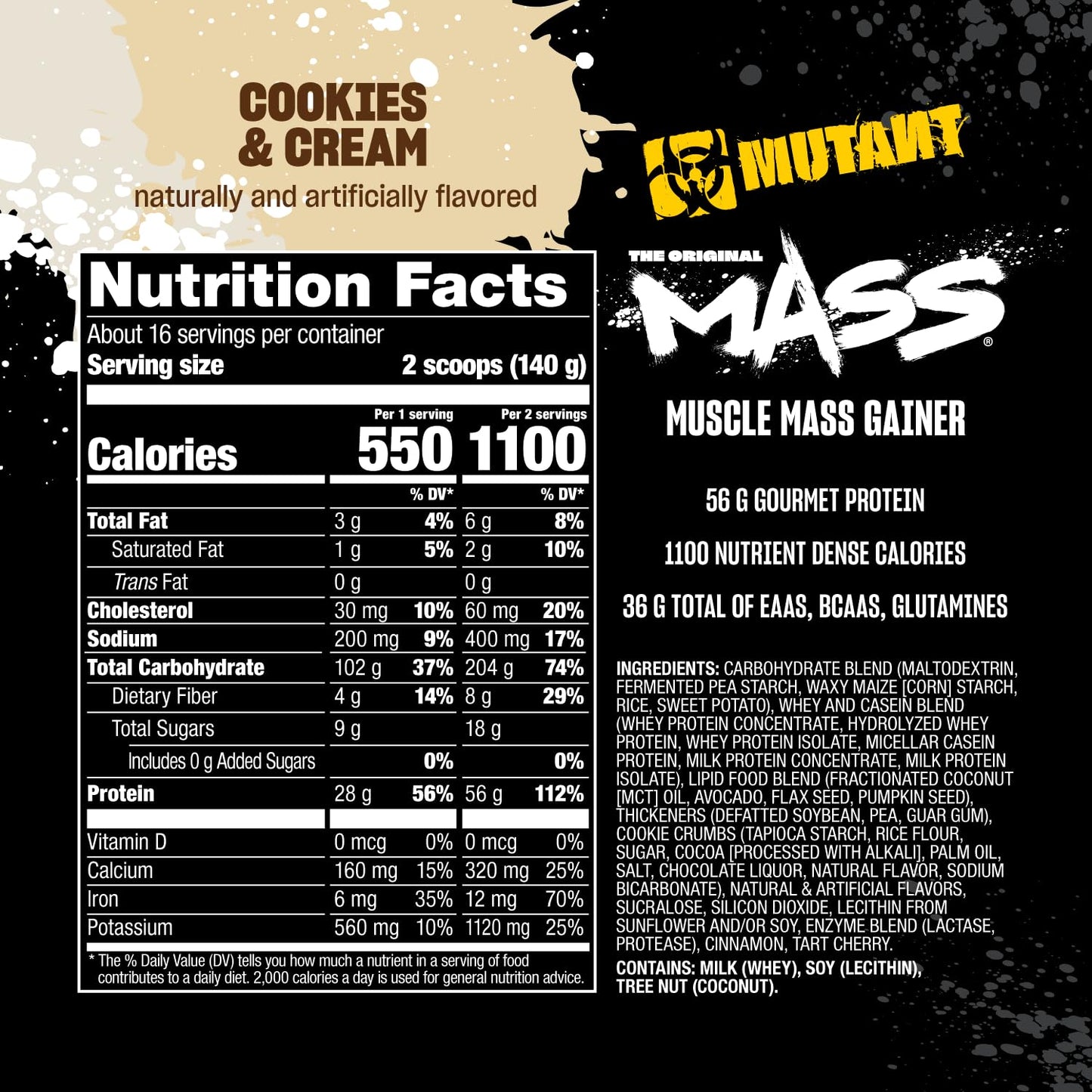 Mutant Mass Gainer Protein Powder Cookies and Cream, 5 Pound, 80 Servings