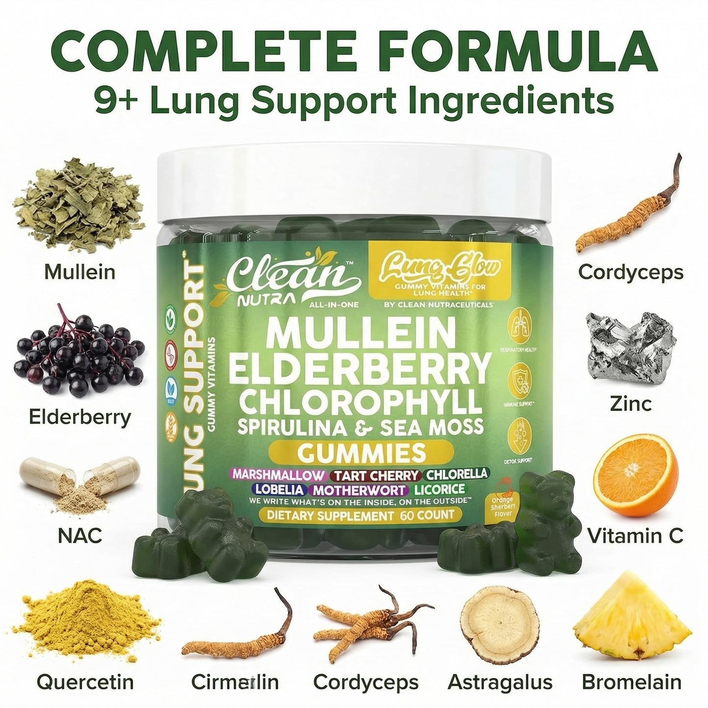 Clean Nutraceuticals Mullein Gummies for Lung Health Support, 60 Gummies