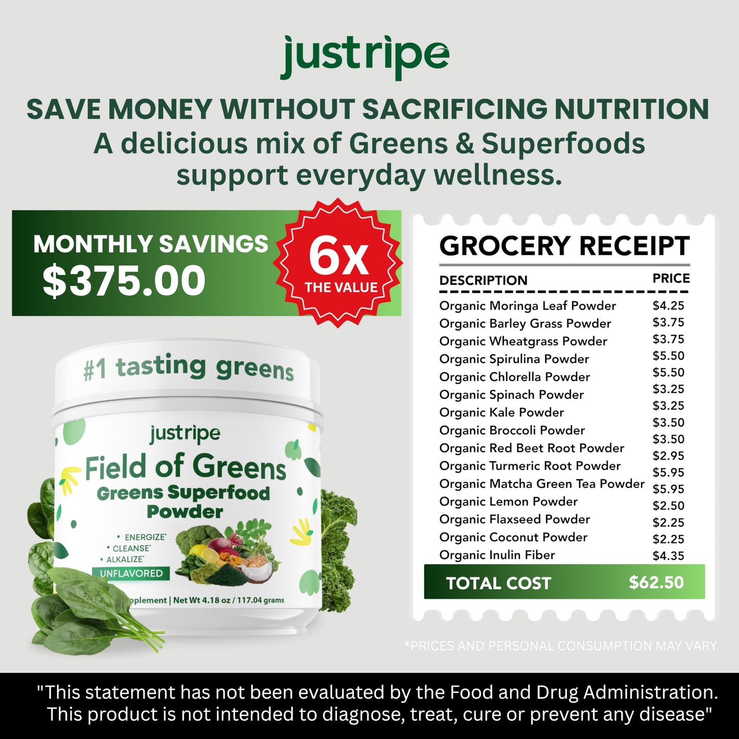 Just Ripe Nutrition Field of Greens Powder with Organic Spirulina, Chlorella, Beet Root Powder, Bacillus Coagulans Probiotic, Plant-Based Immunity Support, Unflavored, 5.3 Ounce
