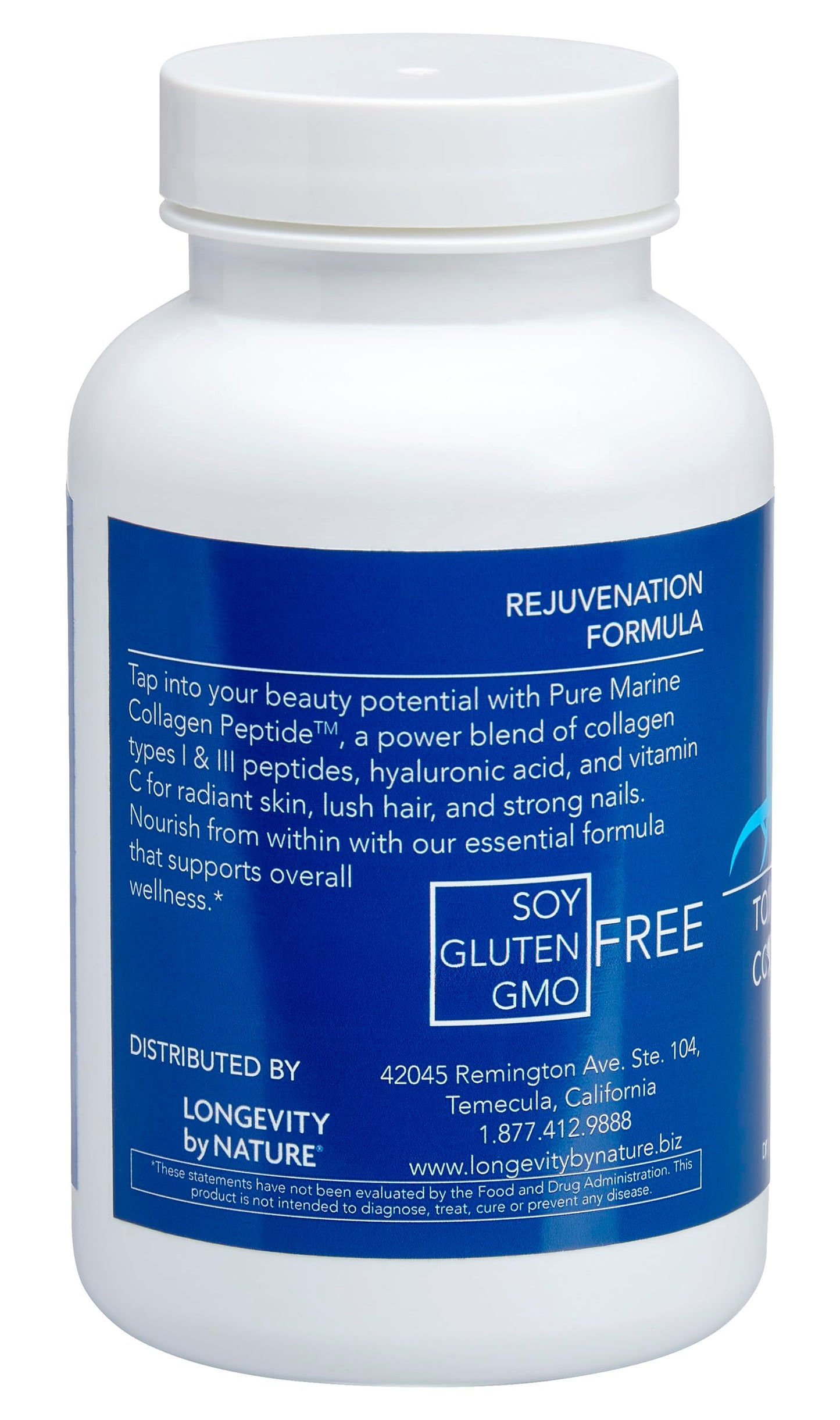 Longevity by Nature Marine Collagen Peptides Type I & III Skin, Hair & Nail Support, 120 Capsules