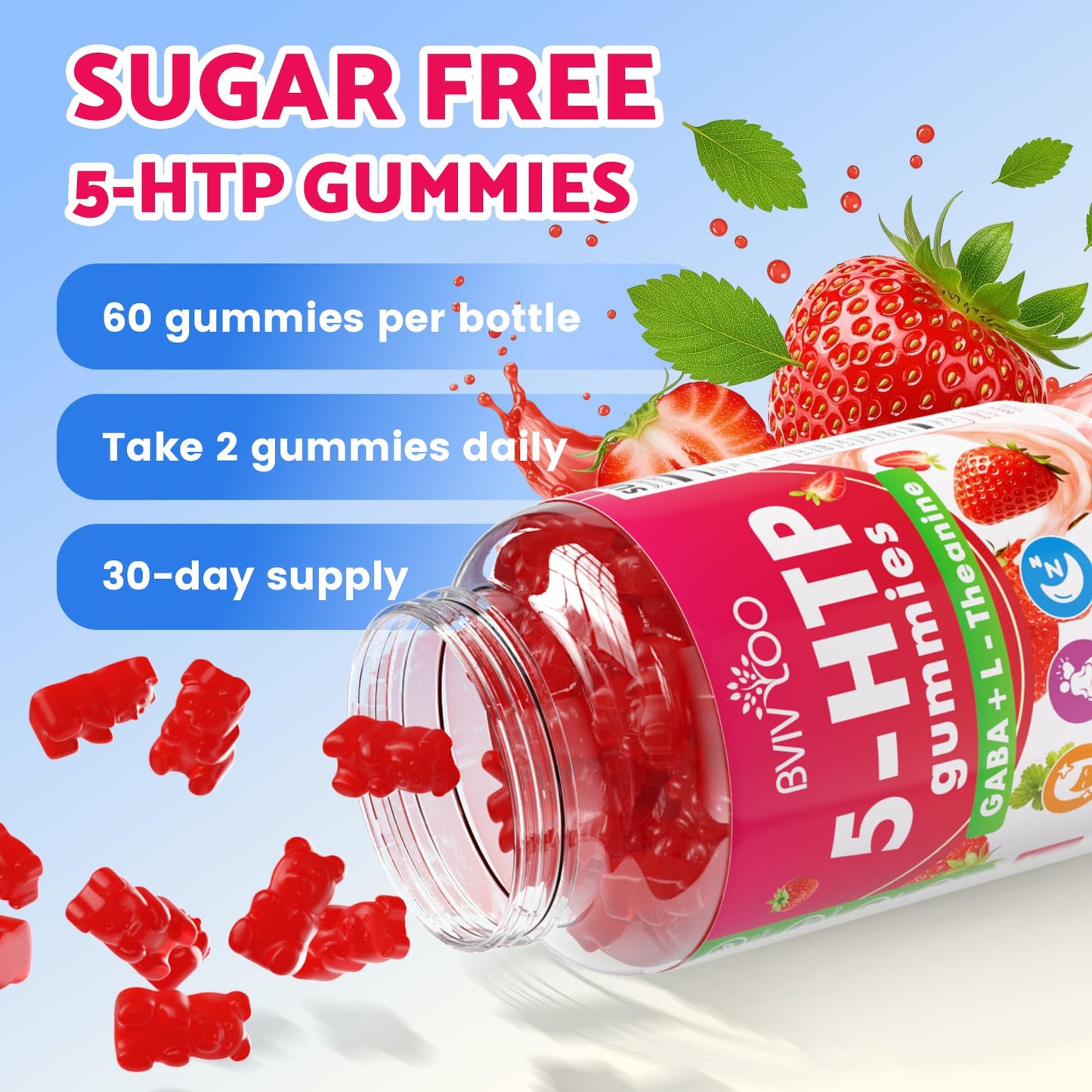 BVIVLOO 5-HTP Gummies + GABA - L-Theanine, Vitamin D3, Circadian Rhythm for Adults, 60 Gummies