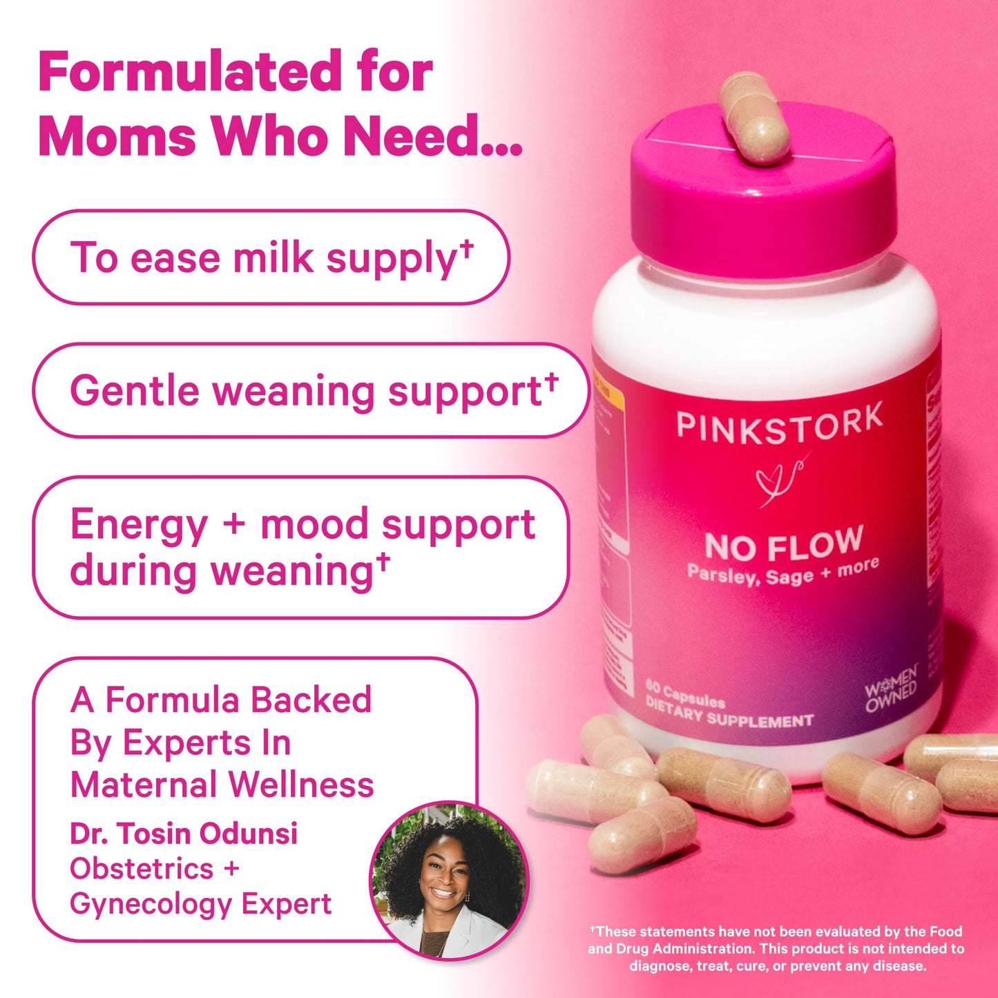 Pink Stork No Flow Dry Up Breast Milk Supply with Sage, Parsley, and B Vitamins, 60 Capsules
