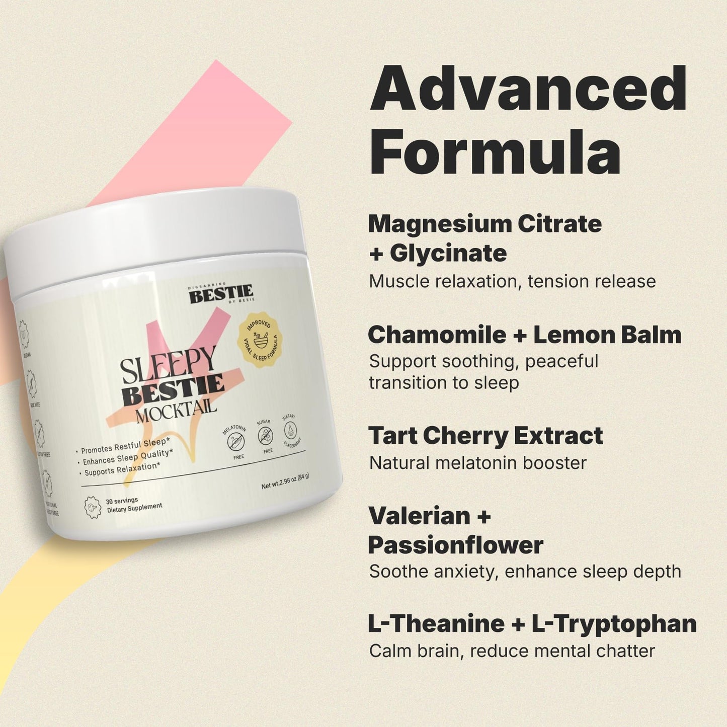 Biohacking Bestie Sleepy Bestie Mocktail Powder Magnesium Citrate & Glycinate for Sleep, L-Theanine & Tart Cherry Extract, Gluten Free 2.96 oz