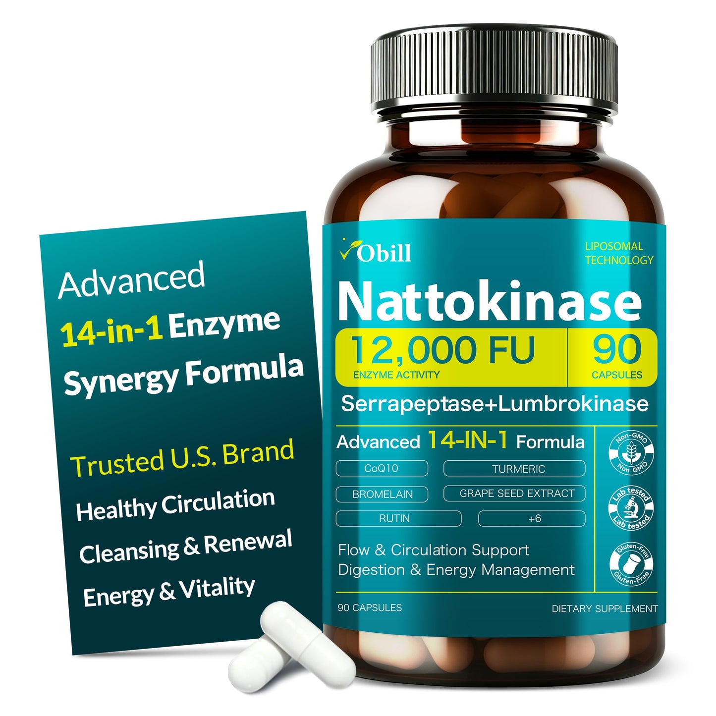 Obill NuTrance Nattokinase Supplement 12,000 FU (Max Strength) Serrapeptase & Lumbrokinase Capsules, 90 Count