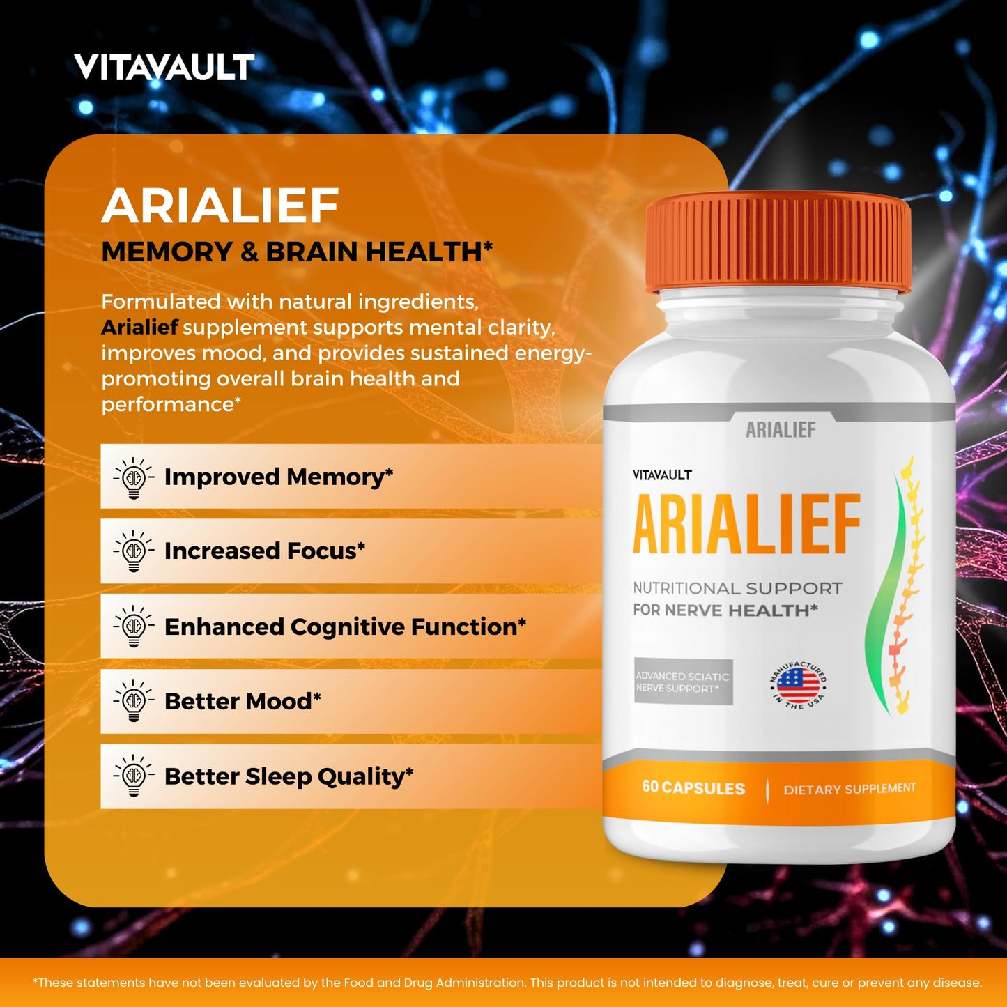 Vitavault Arialief Brain Supplements for Memory and Focus Capsules, 300 Capsules