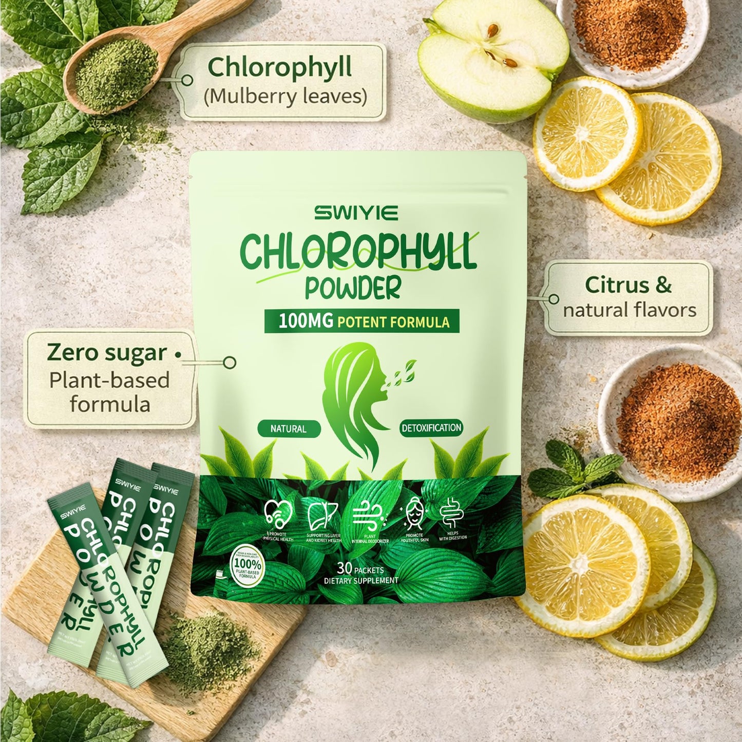 Swiyie Chlorophyll Powder, 0.35 oz per Packet, 30 Packets