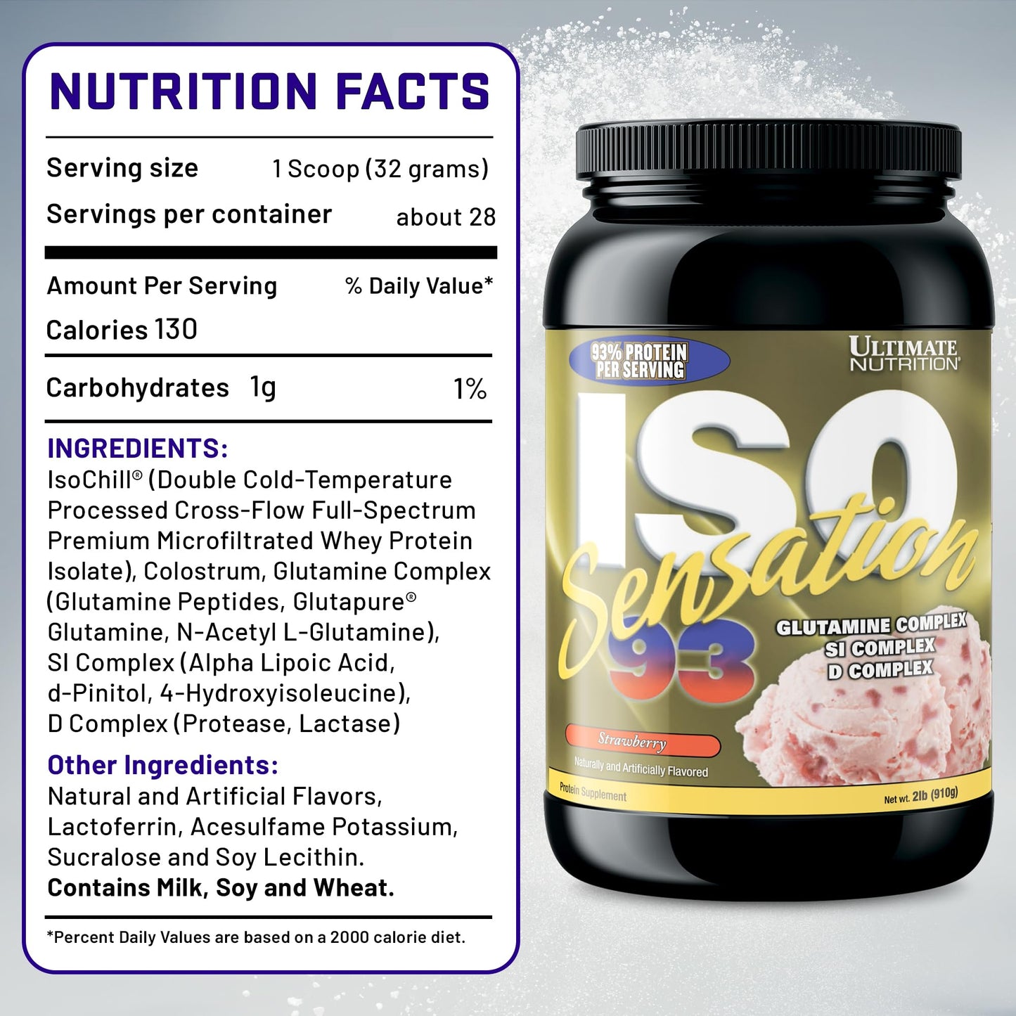 Ultimate Nutrition Whey Protein Isolate Powder with Glutamine Complex, ISO Sensation 93 - Strawberry, 32 Servings