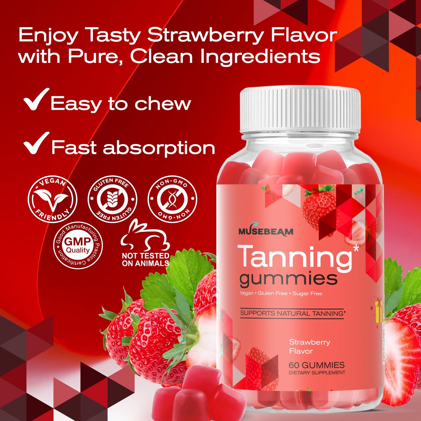 Musebeam Tanning Gummies for Women - Self-Tan Chews, Sunless Tan Skin Health Glow Up, Sugar Free, Vegan, Beta Carotene, Astaxanthin & Lycopene, 60 Gummies