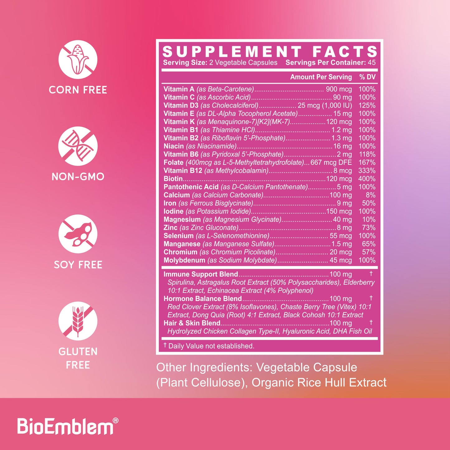 BioEmblem Women's Multivitamin 21 Active Vitamins & Minerals Capsules, 90 Capsules
