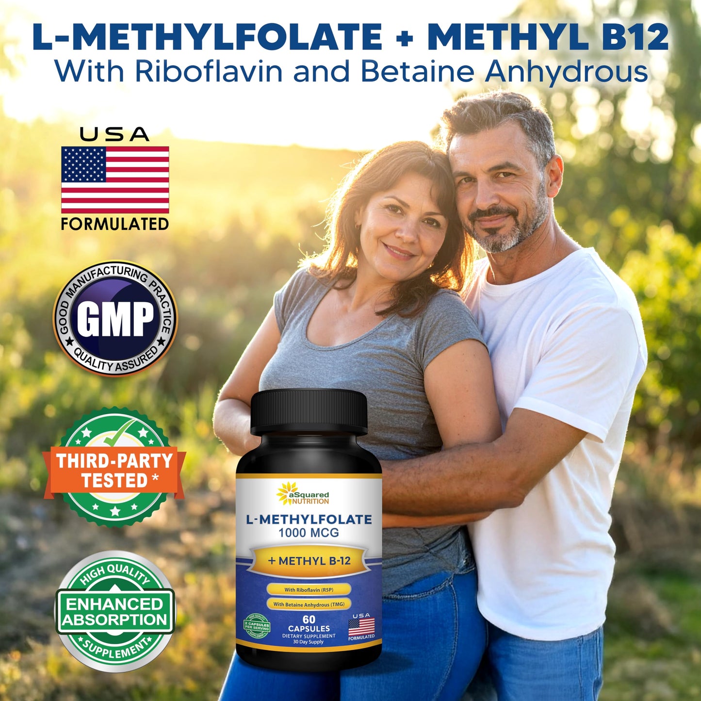 aSquared Nutrition L-Methylfolate Plus Methyl B12 - Methylated Folate Supplement for Women & Men - 5-MTHF (Active Vitamin B9) 1000 mcg & B-12 1mg - B Complex - 60 Capsules