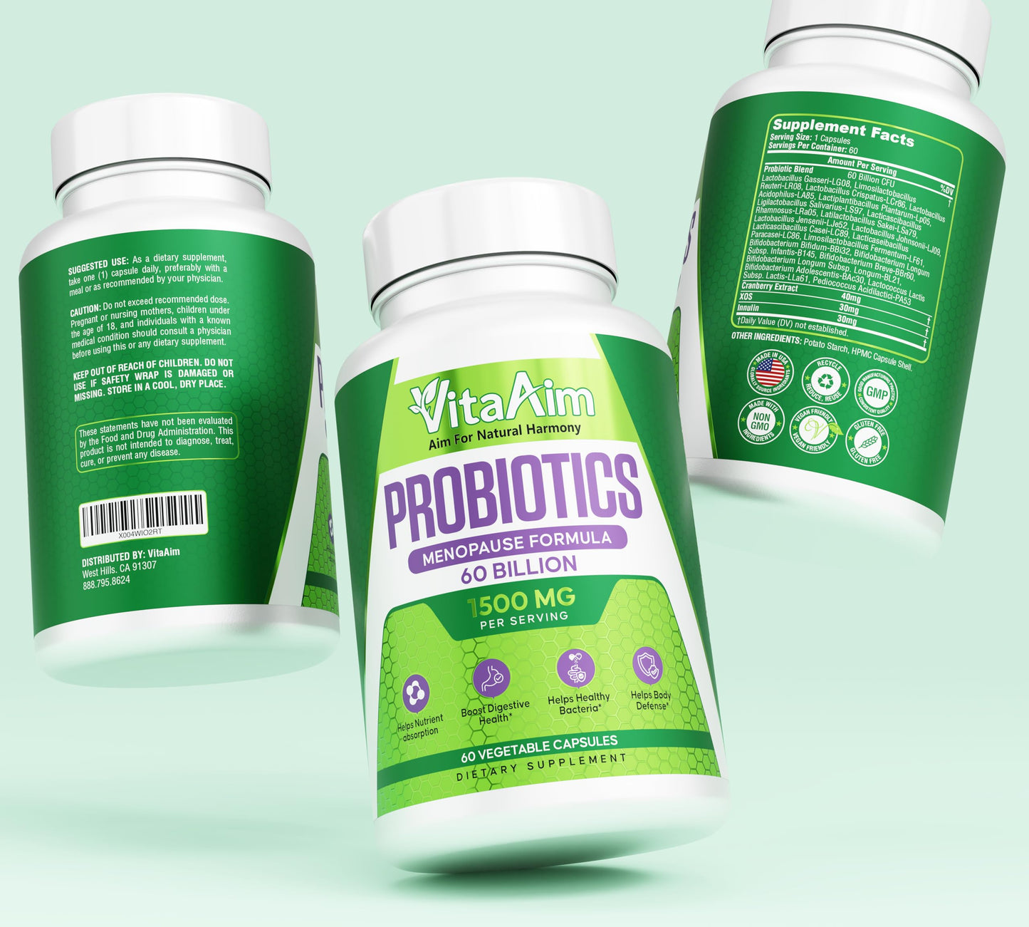 VitaAim Probiotics for Women 60 Billion CFU, Menopause Formula with Prebiotics, Cranberry Extract and Digestive Wellness Support, Vegan Probiotic Supplement, 1 Capsule
