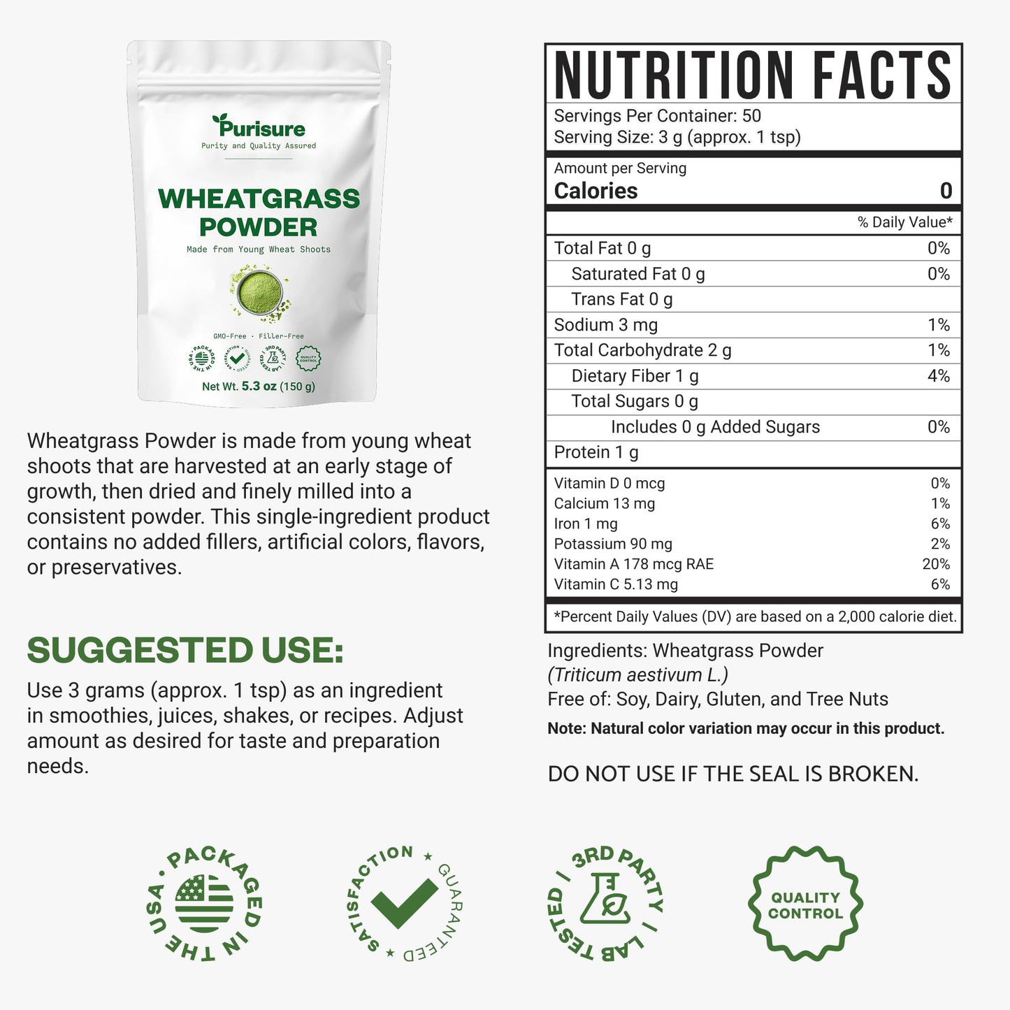 Purisure Wheatgrass Powder 5.3 Ounce
