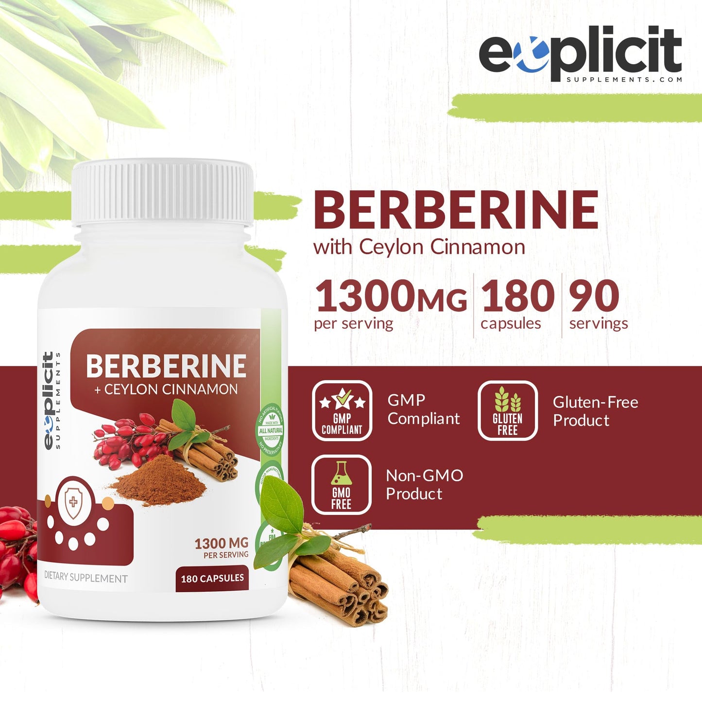 eXplicit Supplements Berberine & Ceylon Cinnamon Supplement Capsules, 180 Capsules