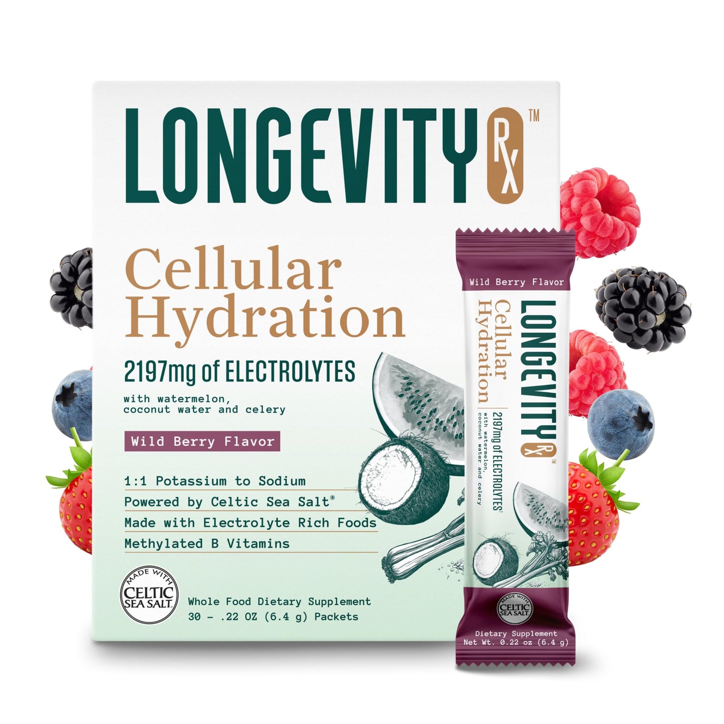 Longevity Rx Cellular Hydration Electrolyte Powder, 6.6 oz, Pink Celtic Cave Salt from Spain, 410 mg Choline, 1:1 Sodium-Potassium Ratio, 30 Servings