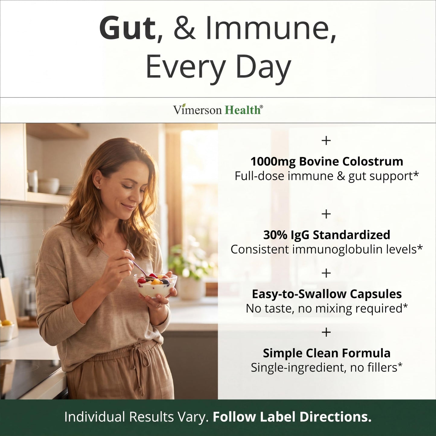 Vimerson Health Colostrum 1000mg Standardized 30% IgG Immune & Gut Health Support High-Potency Bovine Colostrum Supplement, Capsule, 60 Count