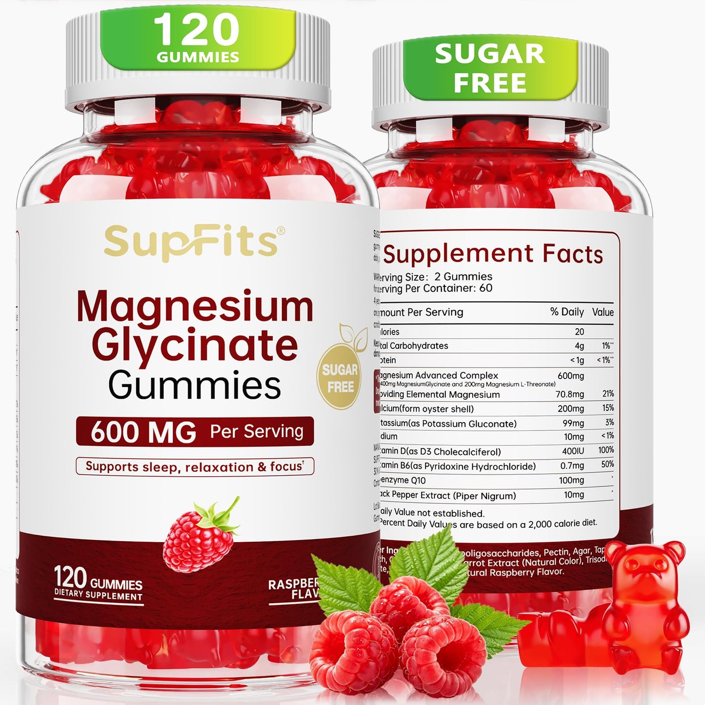 Supfits Magnesium Glycinate Gummies 600mg - Sleep Support & Relaxation, High Absorption Magnesium Supplement for Women, Men and Kids, Sugar Free, Vegan - Raspberry Flavor, 120 Count