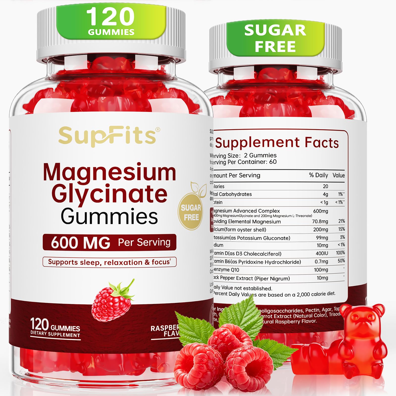 Supfits Magnesium Glycinate Gummies 600mg - Sleep Support & Relaxation, High Absorption Magnesium Supplement for Women, Men and Kids, Sugar Free, Vegan - Raspberry Flavor, 120 Count