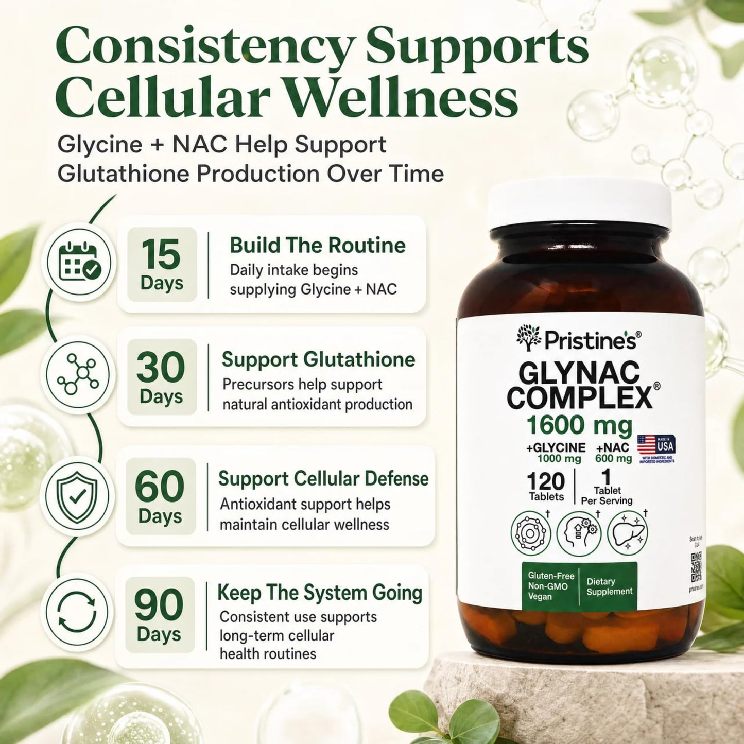 PRISTINE'S GlyNAC 1600mg Tablets, Glycine 1000mg + NAC 600mg, 120 Tablets