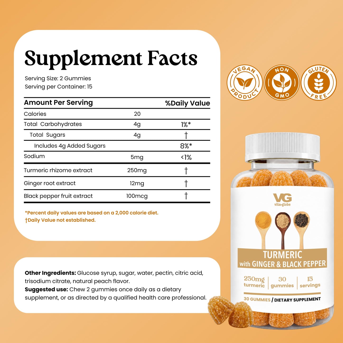 VITA GLOBE Turmeric Supplement Gummies 30 Count