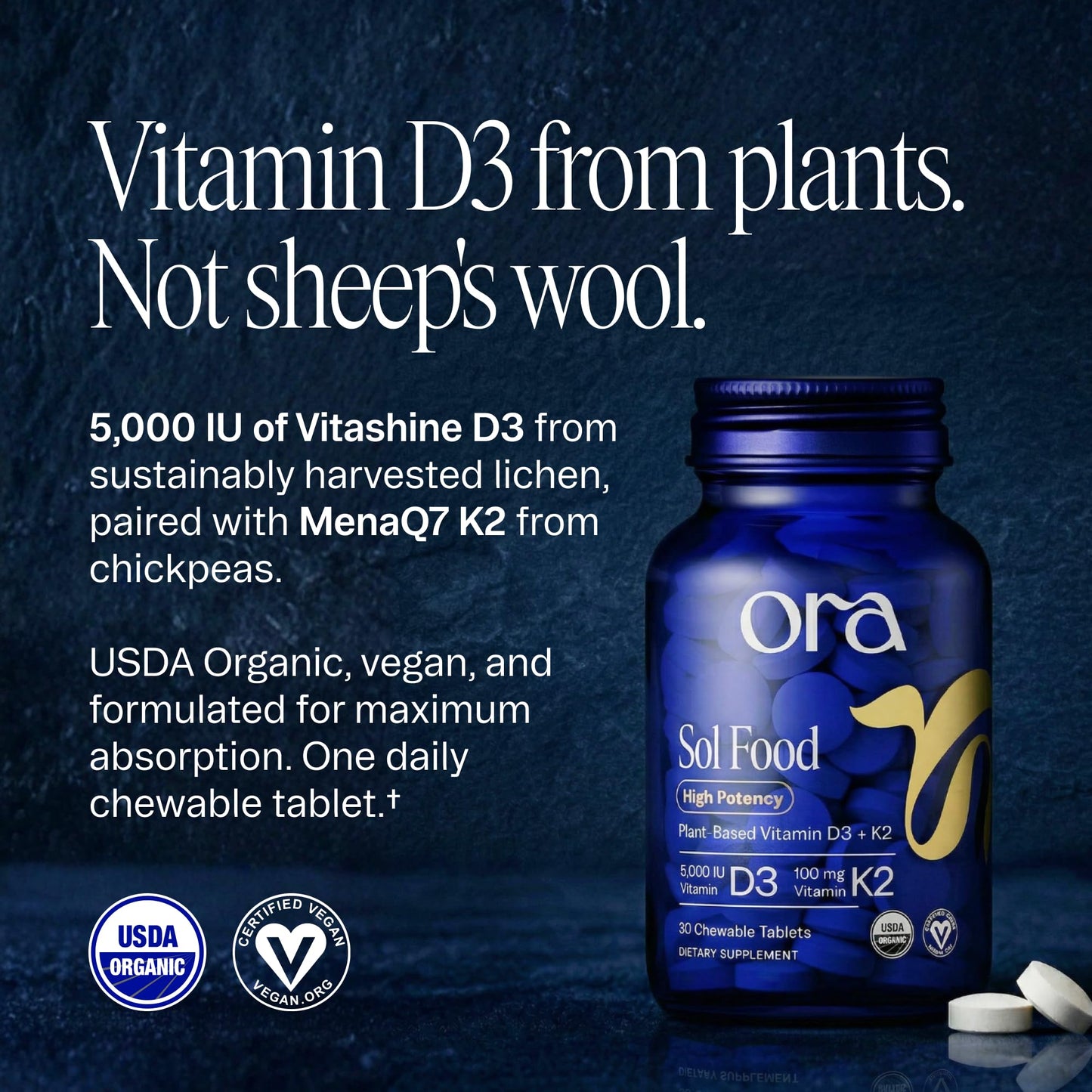Ora Organic Vitamin D3 5000IU + K2 Chewable, 30 Tablets