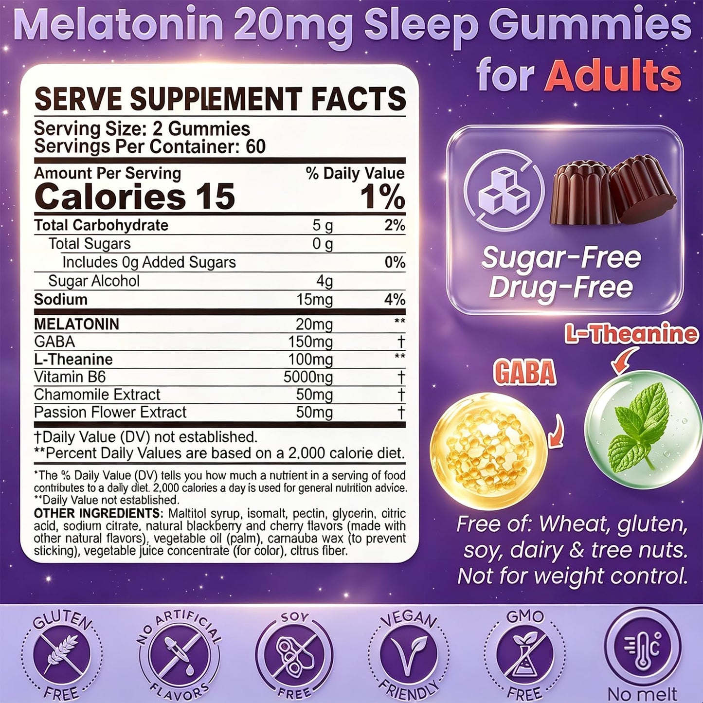 Verdigoris Sugar Free Melatonin Gummies 20mg for Adults - Sleep Support with GABA, L-Theanine, Chamomile & Passionflower - 0g Sugar, Vegan, Non-GMO, BlackBerry Cherry Flavor, 120 Count