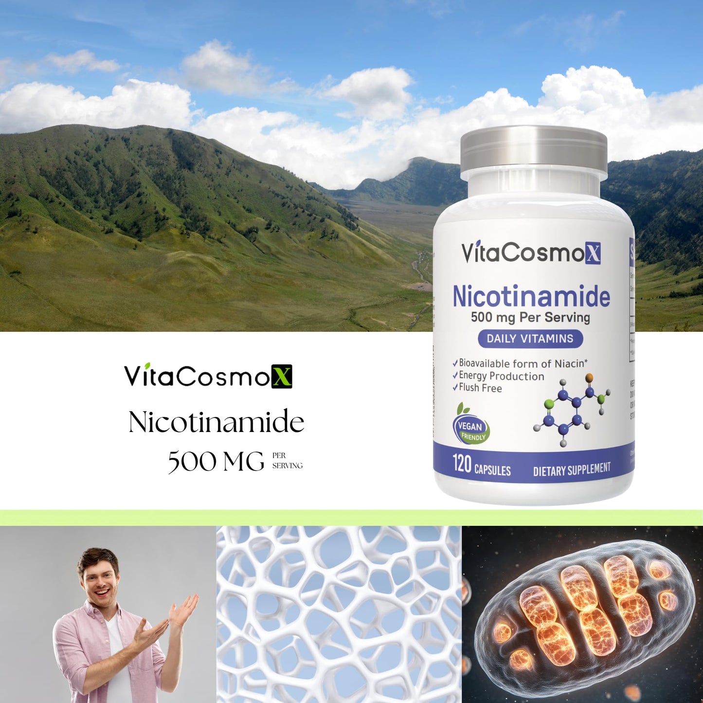 VitaCosmoX Nicotinamide 500mg Vitamin B3 Capsule, 120 Capsules