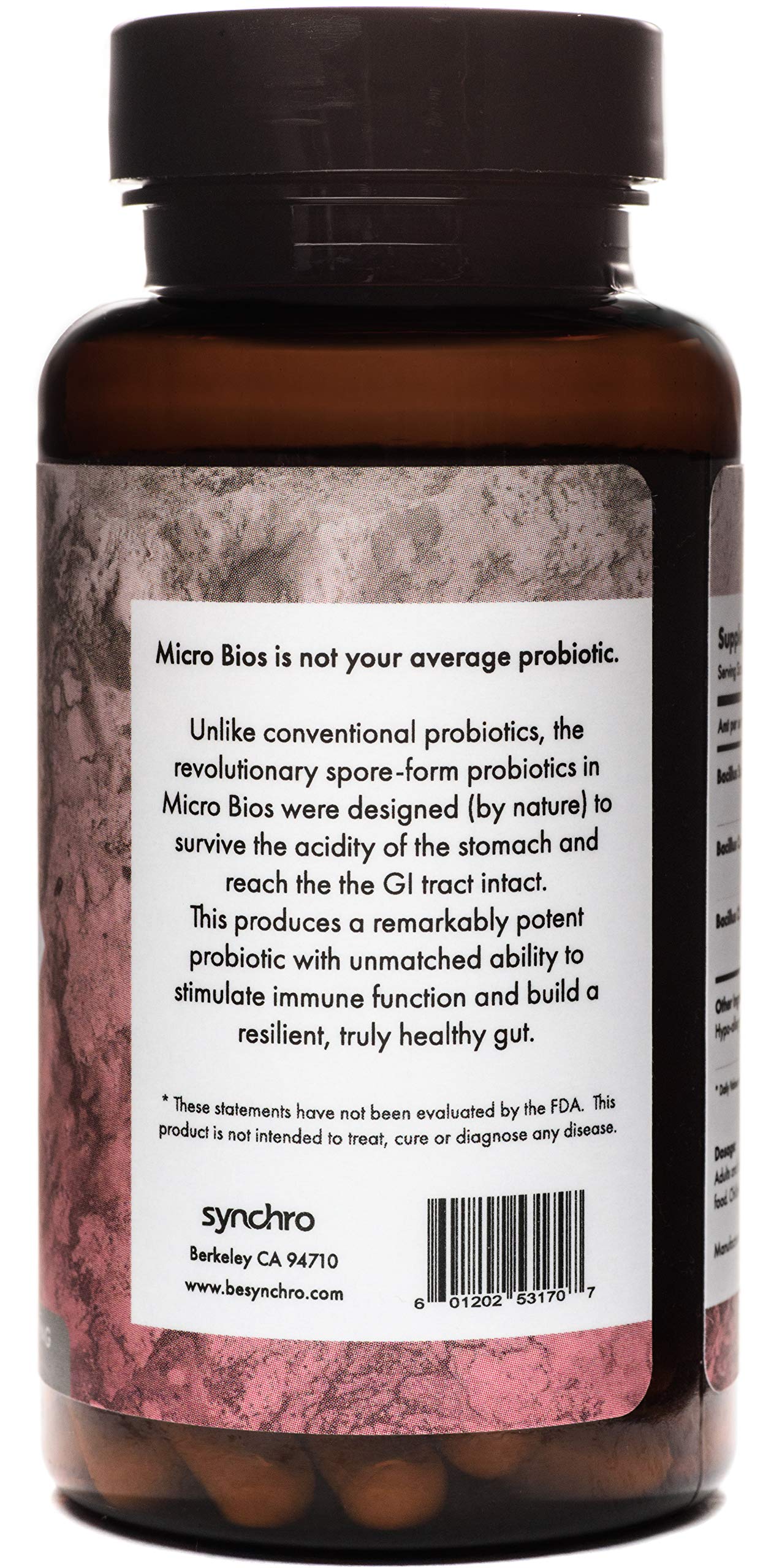 Synchro Micro•Bios Medical-Grade Spore-Form Probiotic - Bacillus Subtilus (HU58), Coagulans and Clausii - Immune Health + GI Support, 60 Capsules