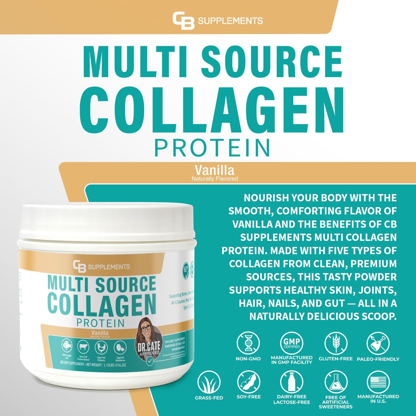CB Supplements Multi Collagen Protein Powder, Vanilla Flavored, 58 Servings
