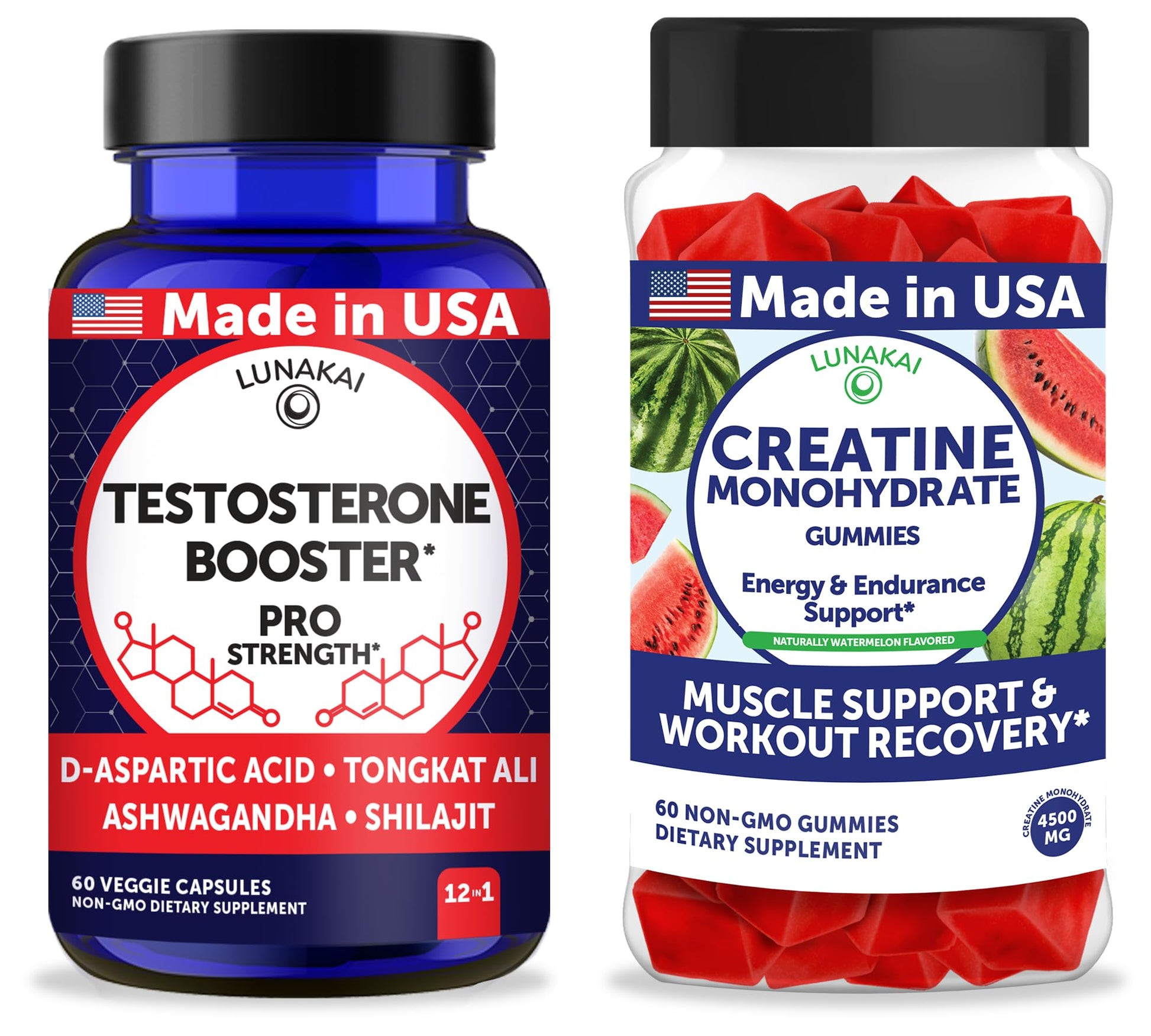 Lunakai Testosterone Booster Capsules + Creatine Monohydrate Gummies Bundle, 120-Count