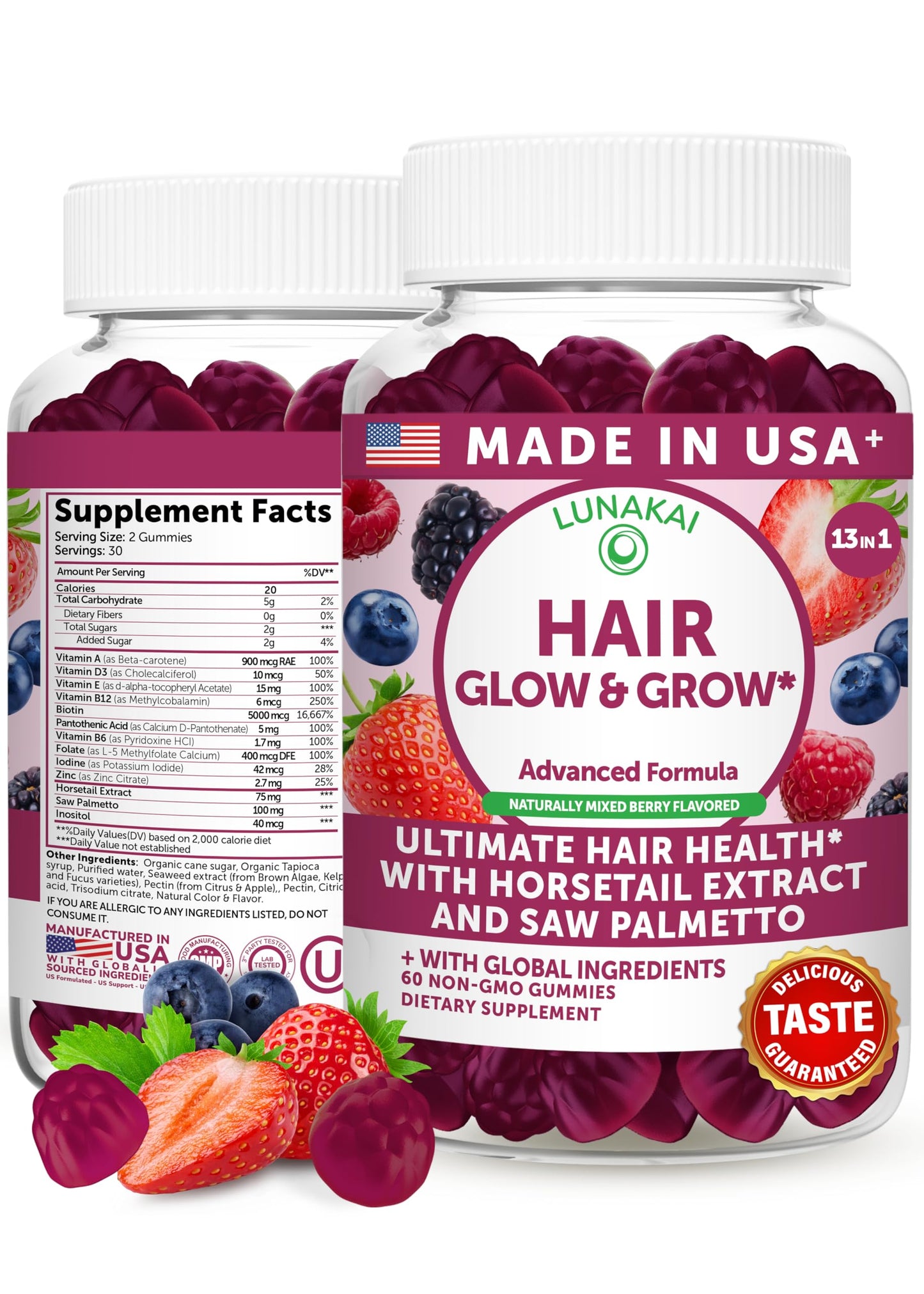 Lunakai Super Hair Gummies with Biotin, Zinc, Horsetail Extract & Saw Palmetto - Hair Growth Vitamins for Women & Men, Supports Thicker, Longer, Stronger Tresses, Skin & Nails, 60 Gummies
