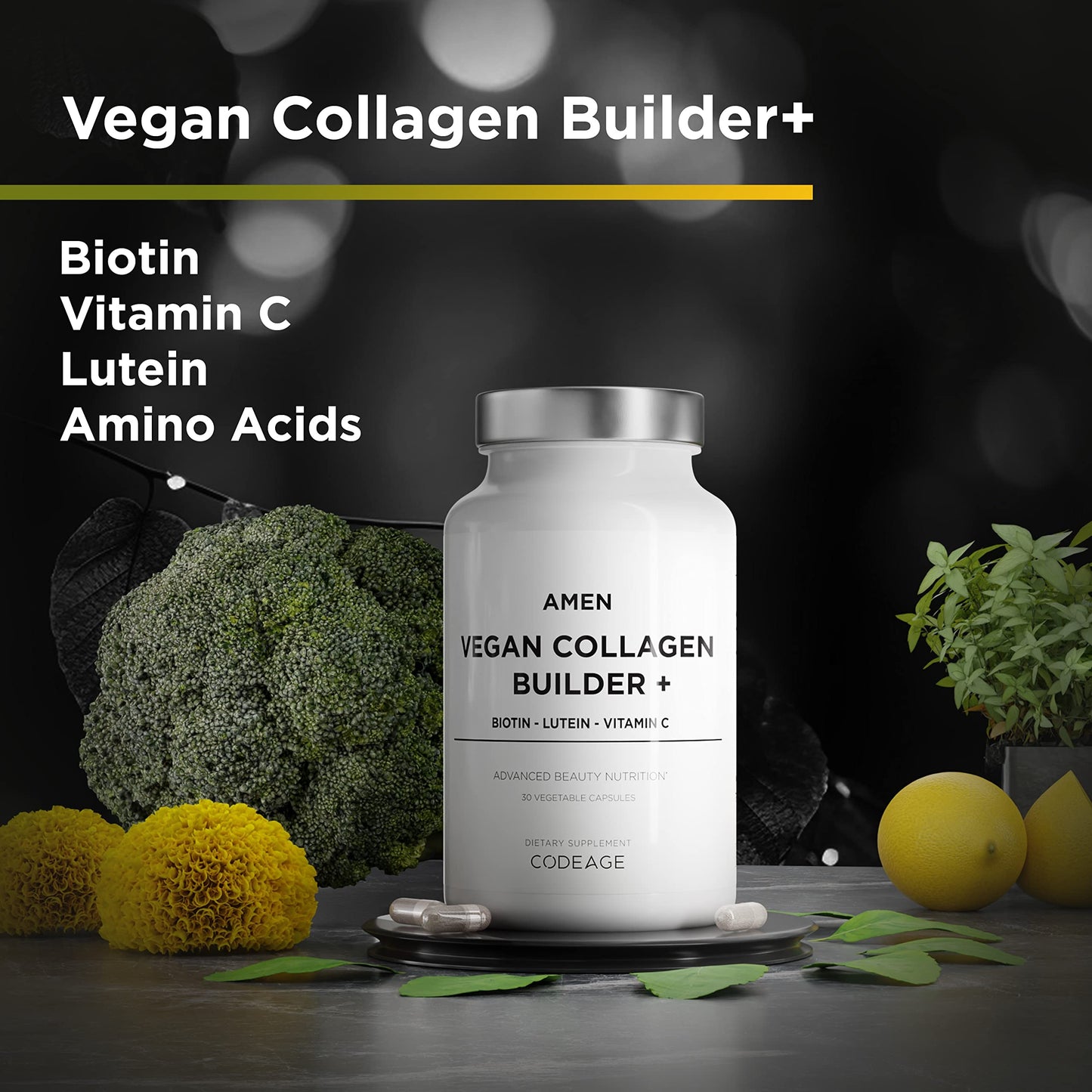Amen Plant-Based Vegan Collagen Builder Supplement Capsules, 30 Capsules