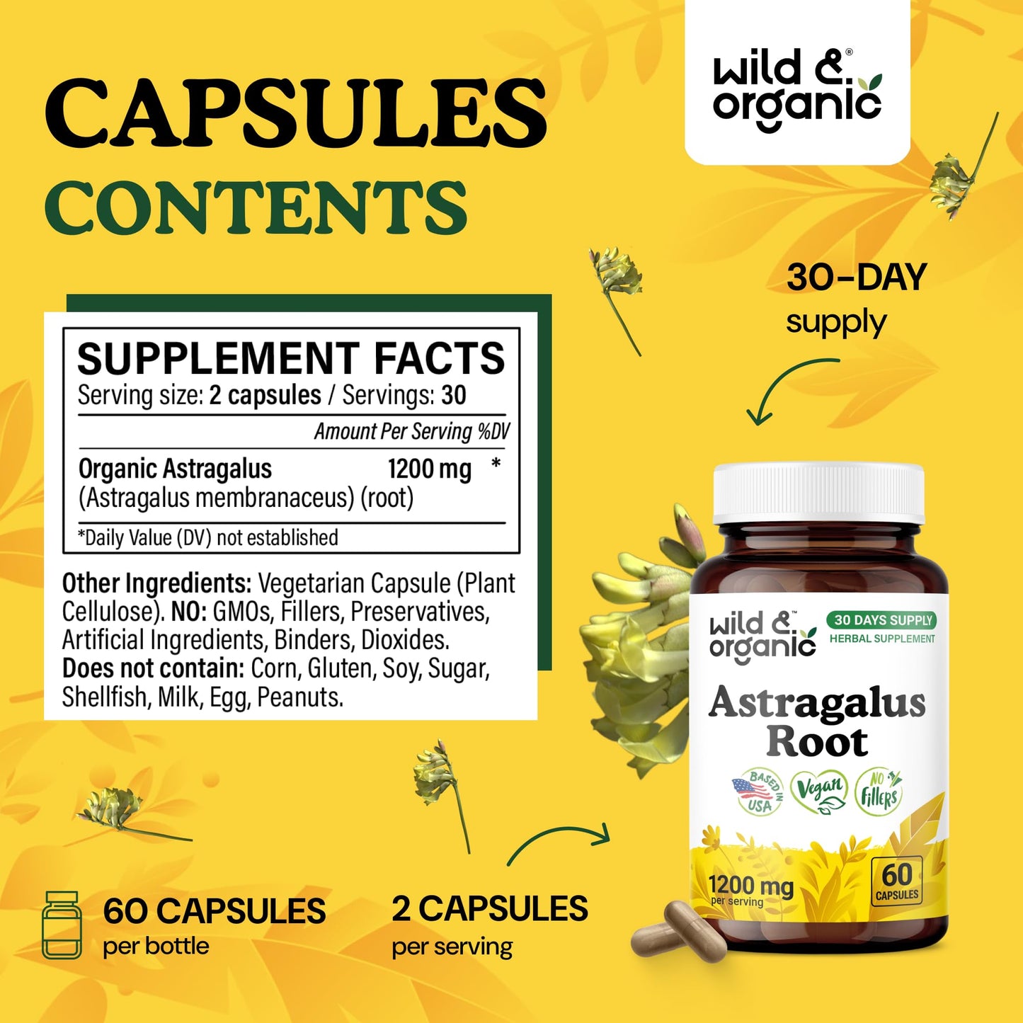 Wild & Organic Astragalus Root Capsules 1200 mg, 60 Count