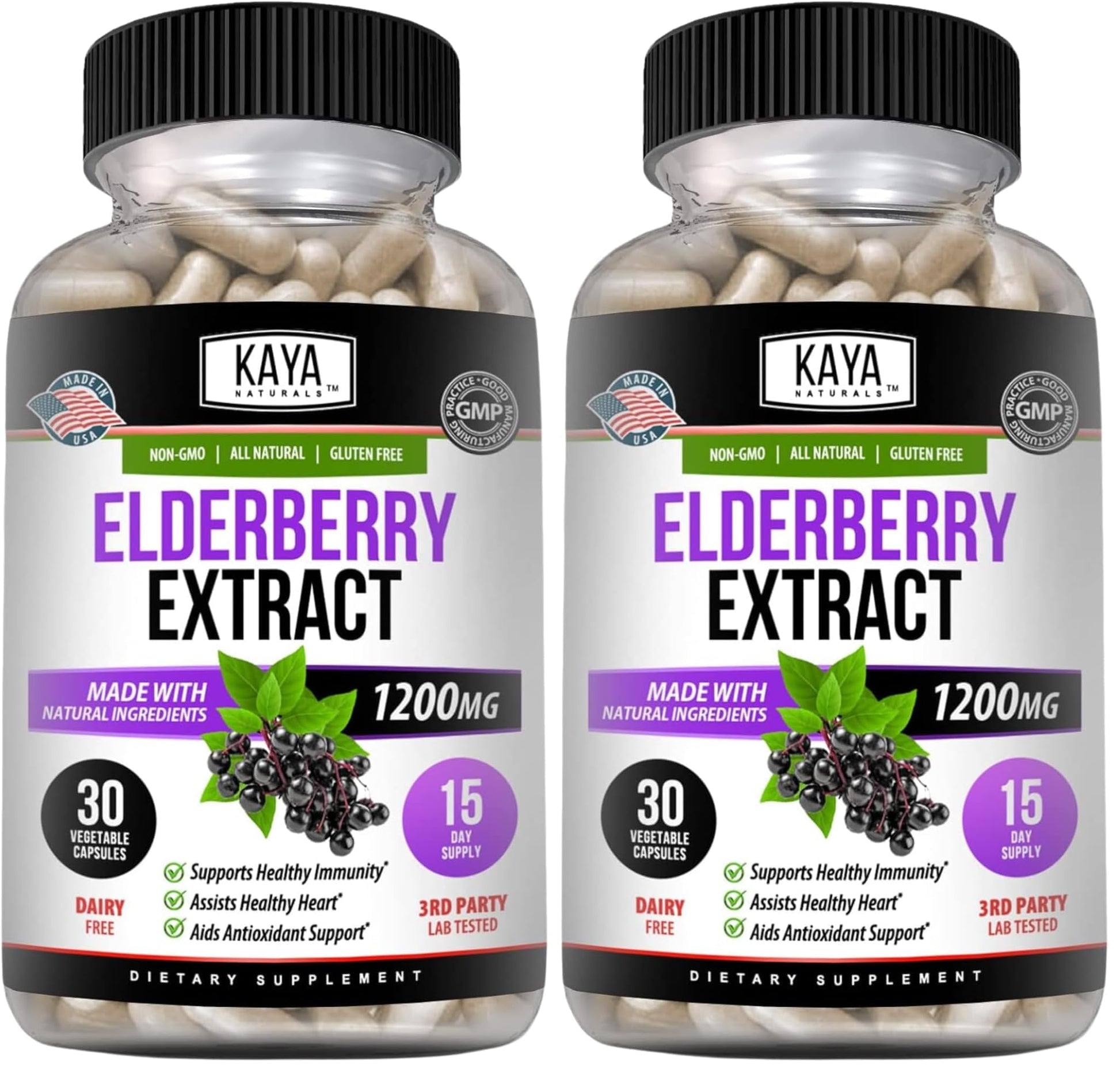 Kaya Naturals Elderberry Immune Support Capsules, Pack of 2