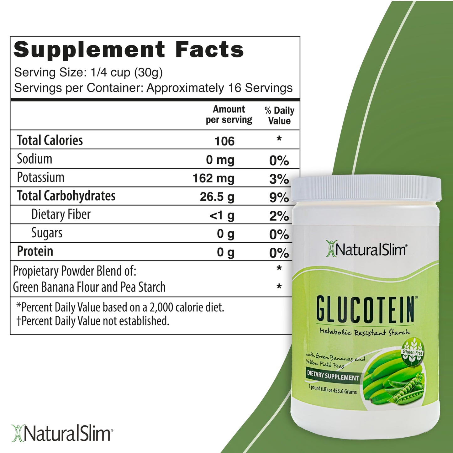 NaturalSlim Prebiotic Resistant Starch Supplement with Green Banana Flour Organic & Pea Starch Blend Glucotein Powder, 16 Servings