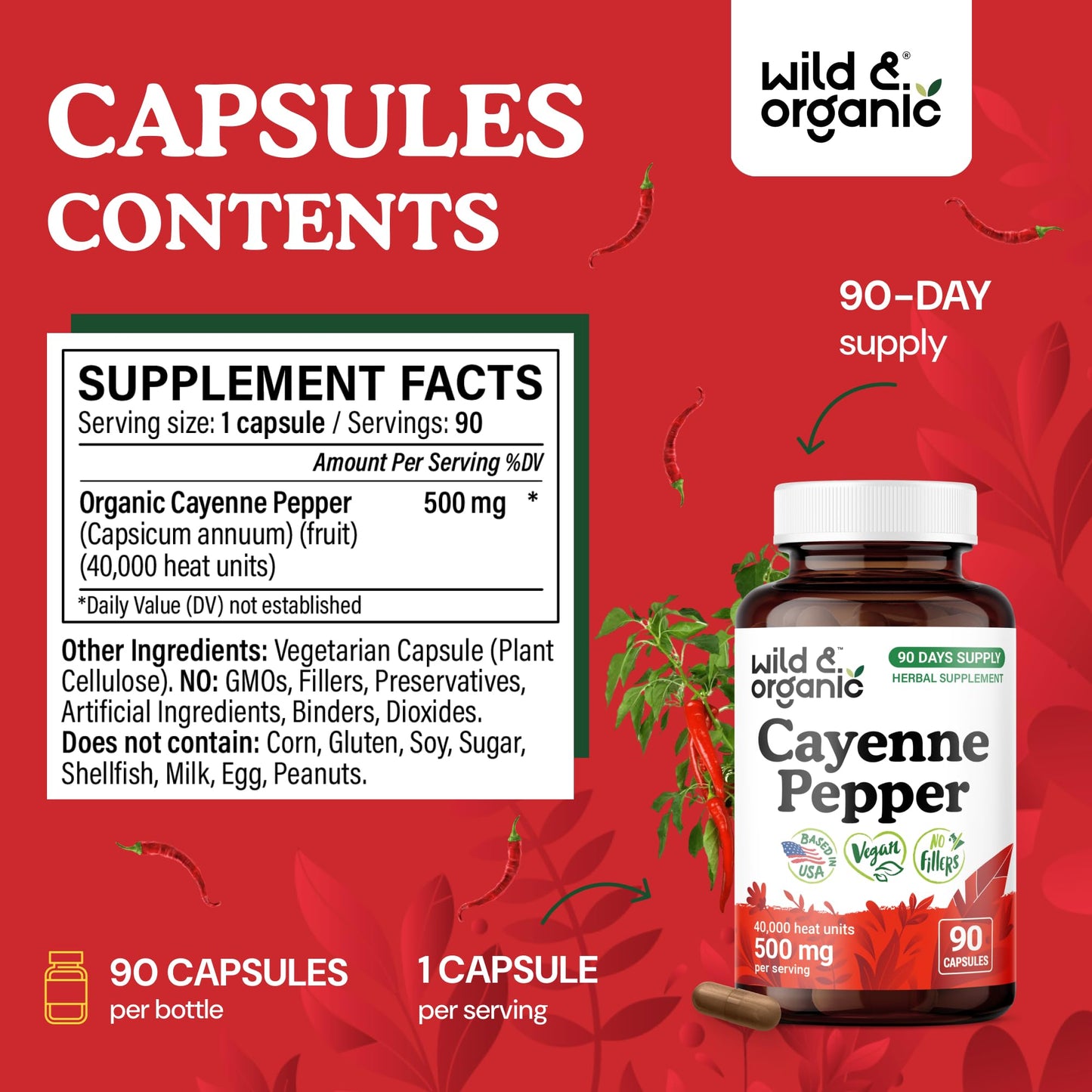 Wild & Organic Cayenne Pepper Capsules 500 mg 90 Count