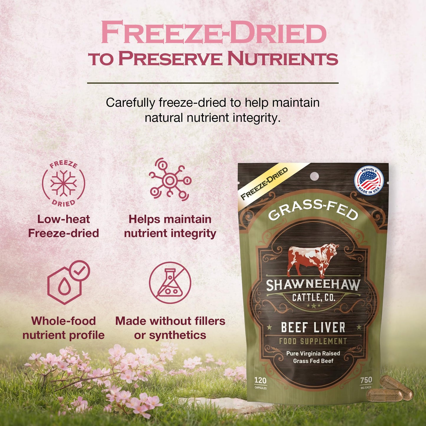 Shawneehaw Cattle Co. Grass Fed Beef Liver Capsules 3000 mg, Freeze Dried Desiccated Beef Liver, Pasture Raised, Non-GMO, Iron & Energy Support, Made in USA, 120 Capsules