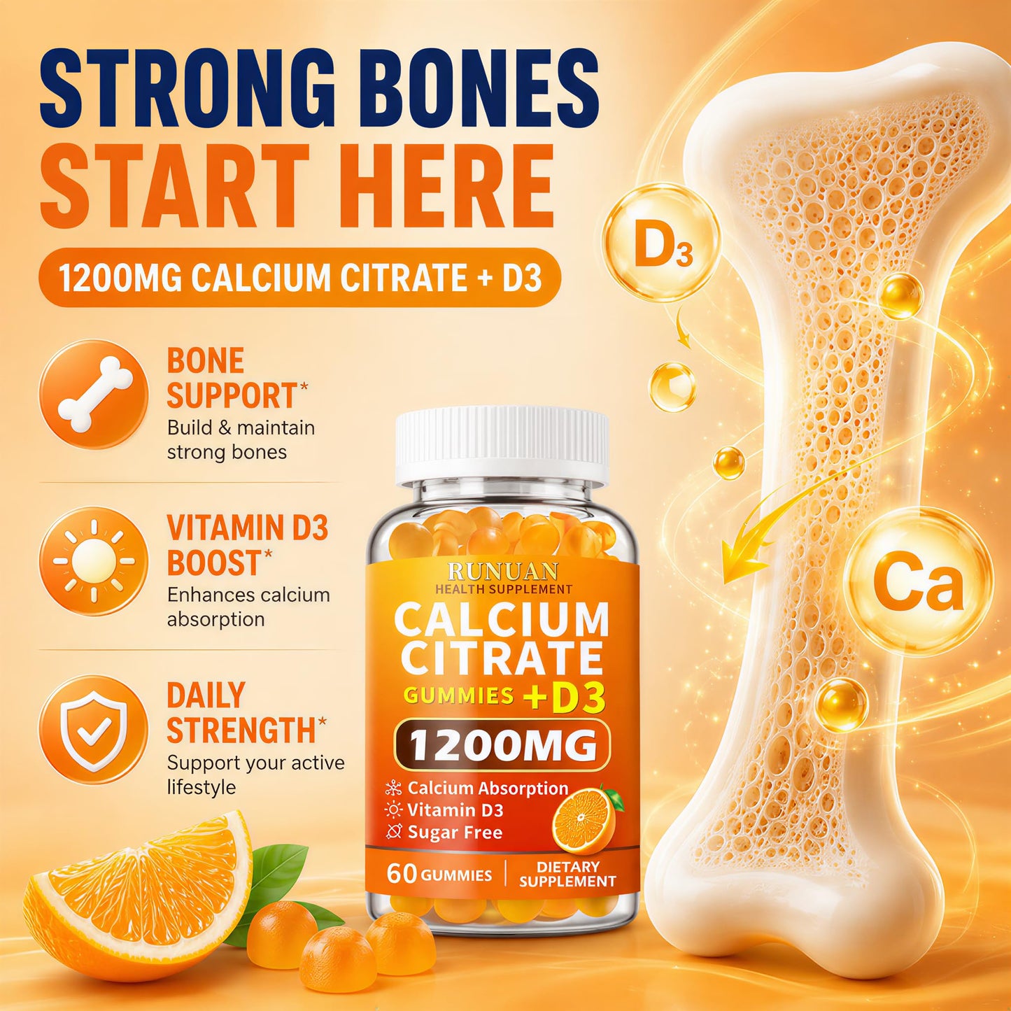 RUNUAN Calcium Citrate 1200mg Gummies with Vitamin D3, 120 Gummies