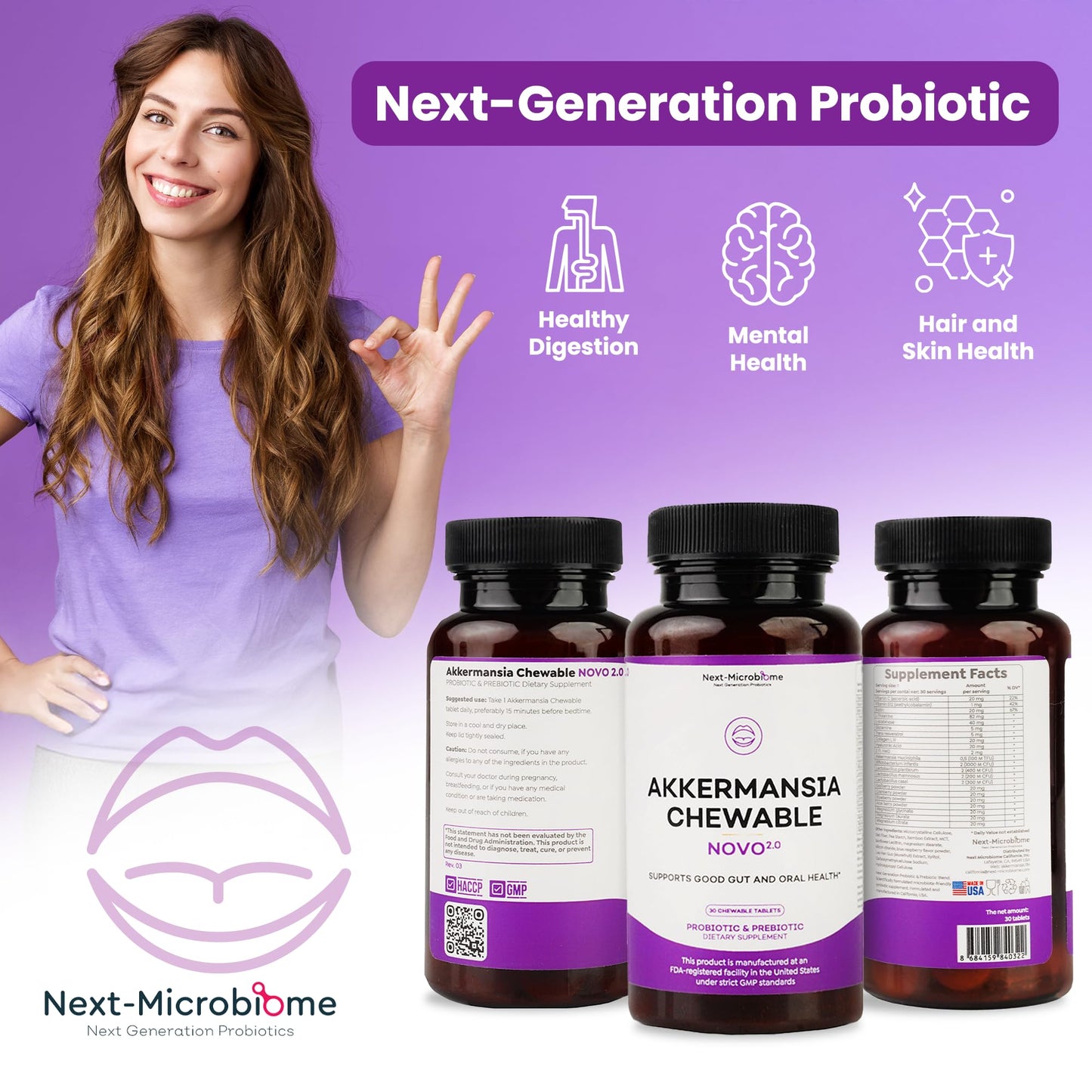 NEXT-MICROBIOME Akkermansia Probiotic and Prebiotic Supplement NOVO 2.0 with HMO Chewable, 30 Tablets
