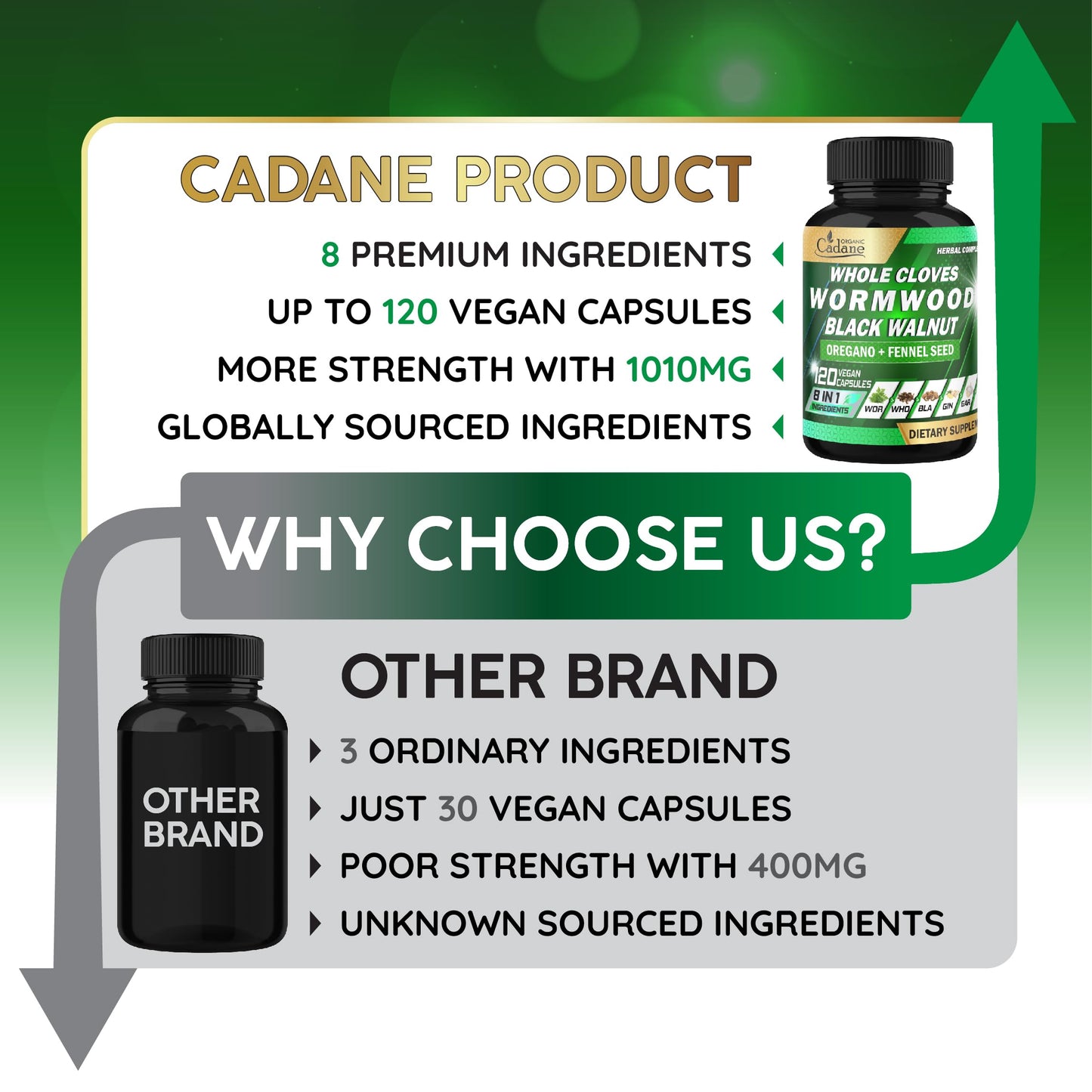 Organic Cadane Wormwood Whole Cloves Black Walnut with Ginger, Garlic, Oregano, Fennel & Black Pepper Digestive & Wellness Support 120 Capsules