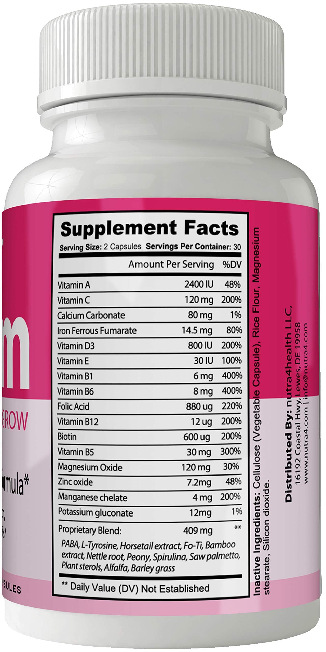 nutra4health Hair Bloom Hair Growth Pills Skin and Nails Supplement - Advanced Unique Hair Growth Vitamins and Minerals with Biotin - Gluten Free, 60 Capsules