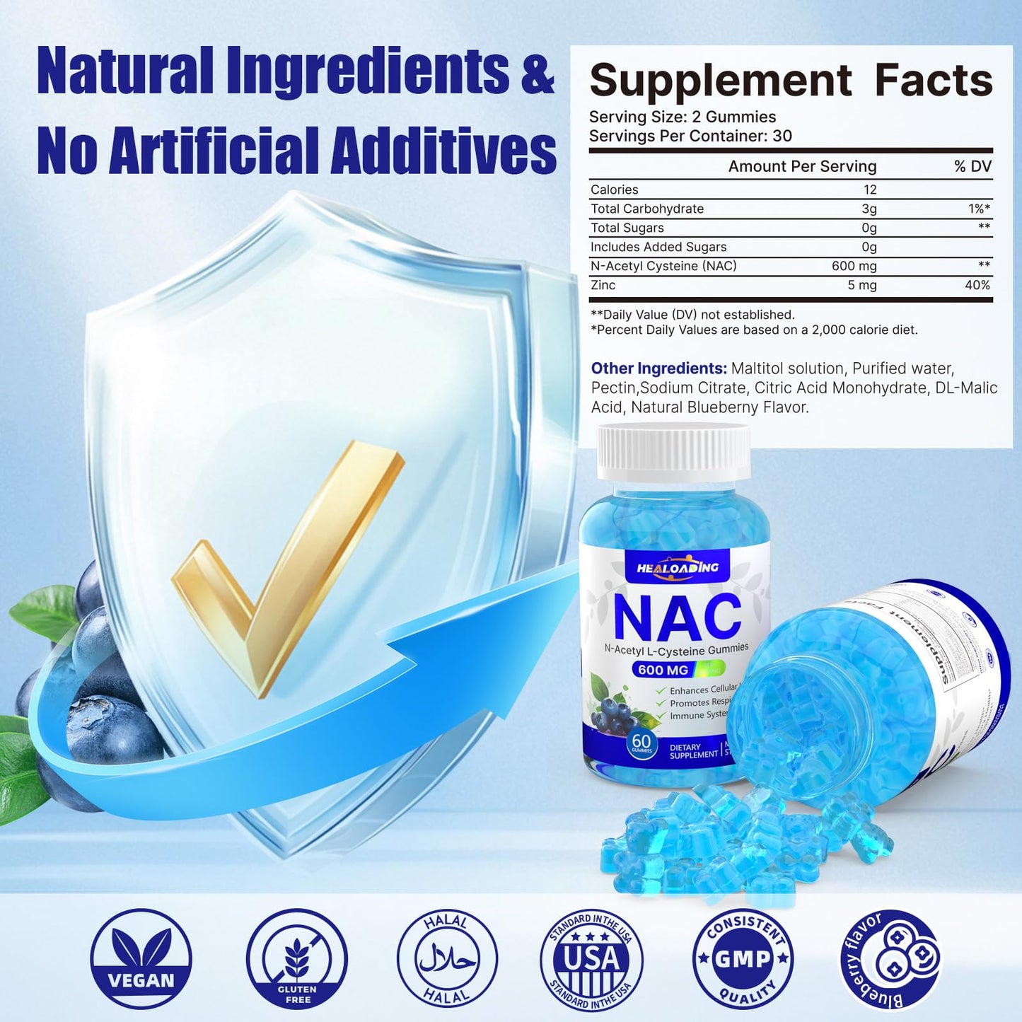 HEALOADING NAC Gummies 600mg (N-Acetyl Cysteine) for Respiratory Health, Liver Detox & Antioxidant Support, 60 Count