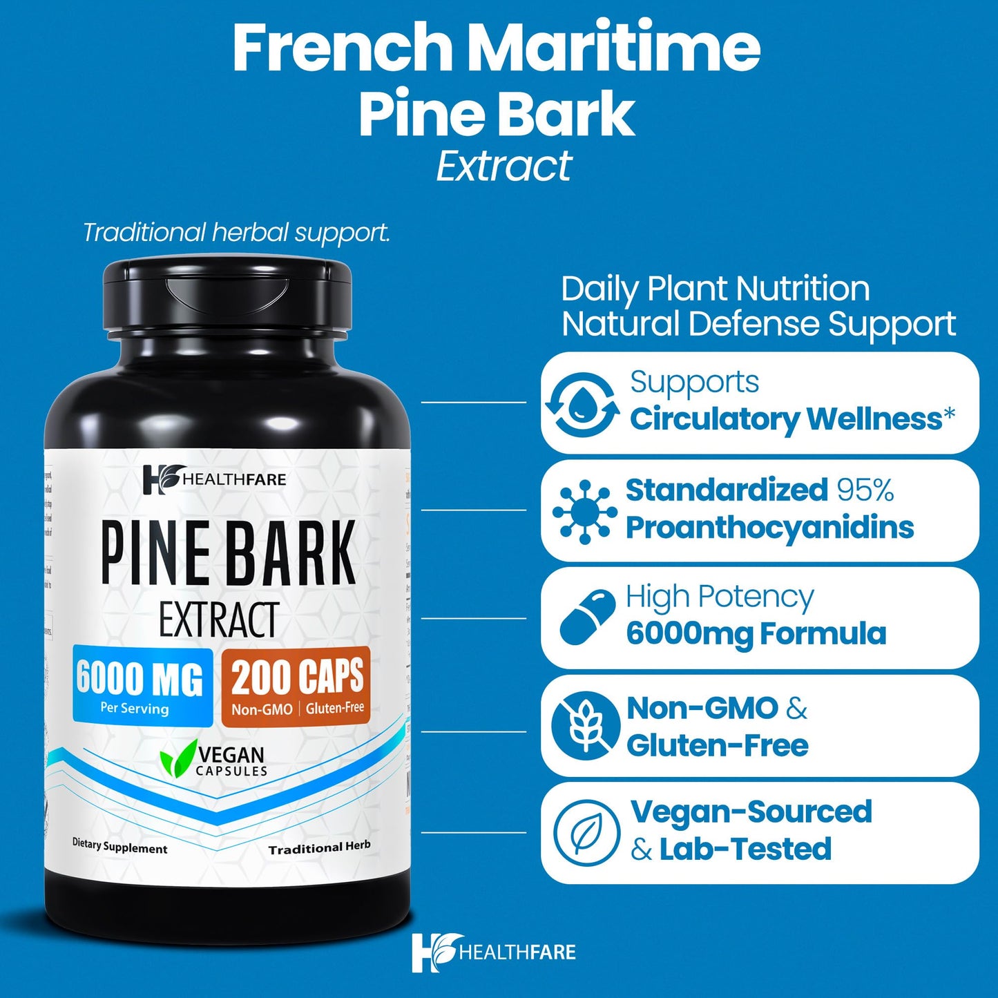 Healthfare Pine Bark Extract French Maritime Capsules, 200 Count