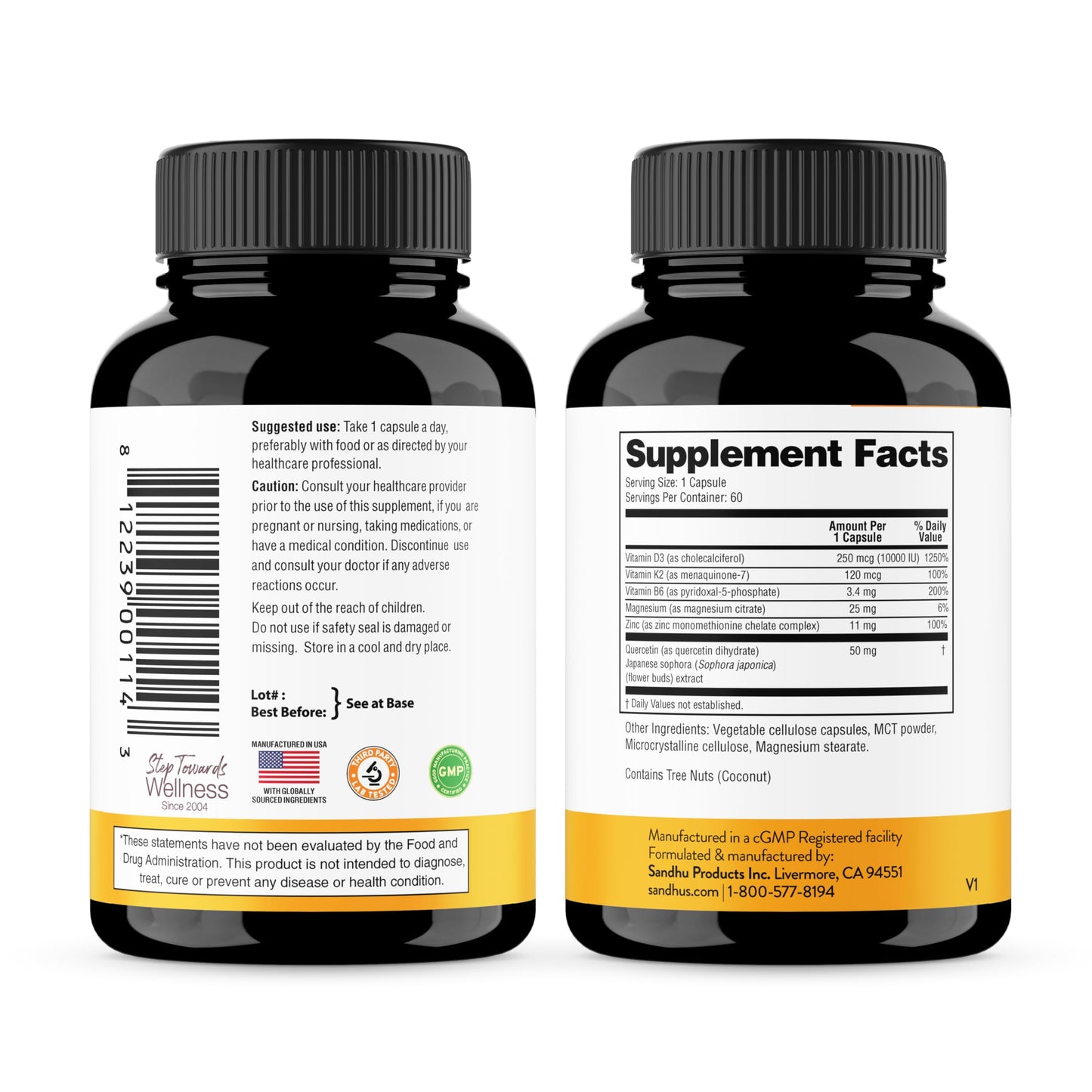 Sandhu's Vitamin D3 K2 10000 IU 120mcg Magnesium Zinc B6 Quercetin Capsules, 60 Count