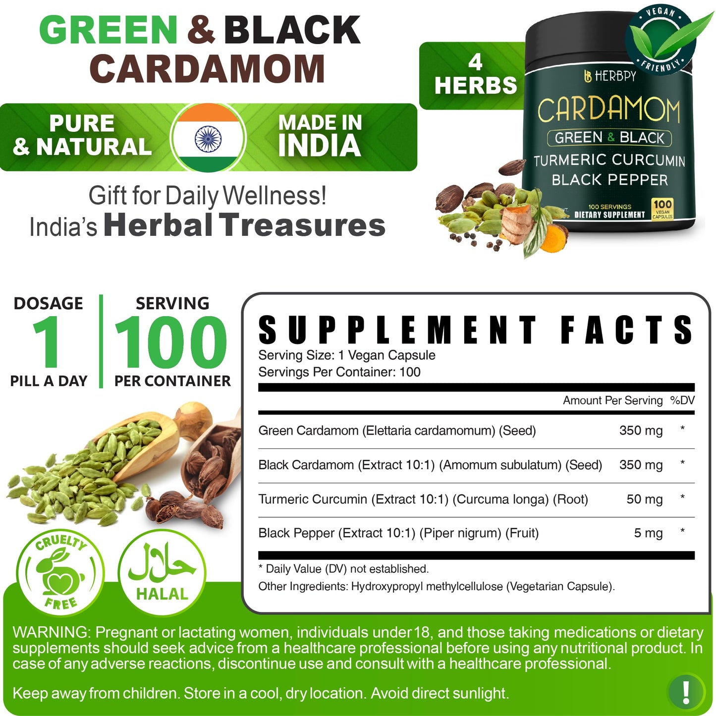 Herbpy 4in1 Cardamom Supplement - Green & Black Cardamom Seeds with Turmeric & Black Pepper – Digestive Health & Natural Wellness Capsules 100